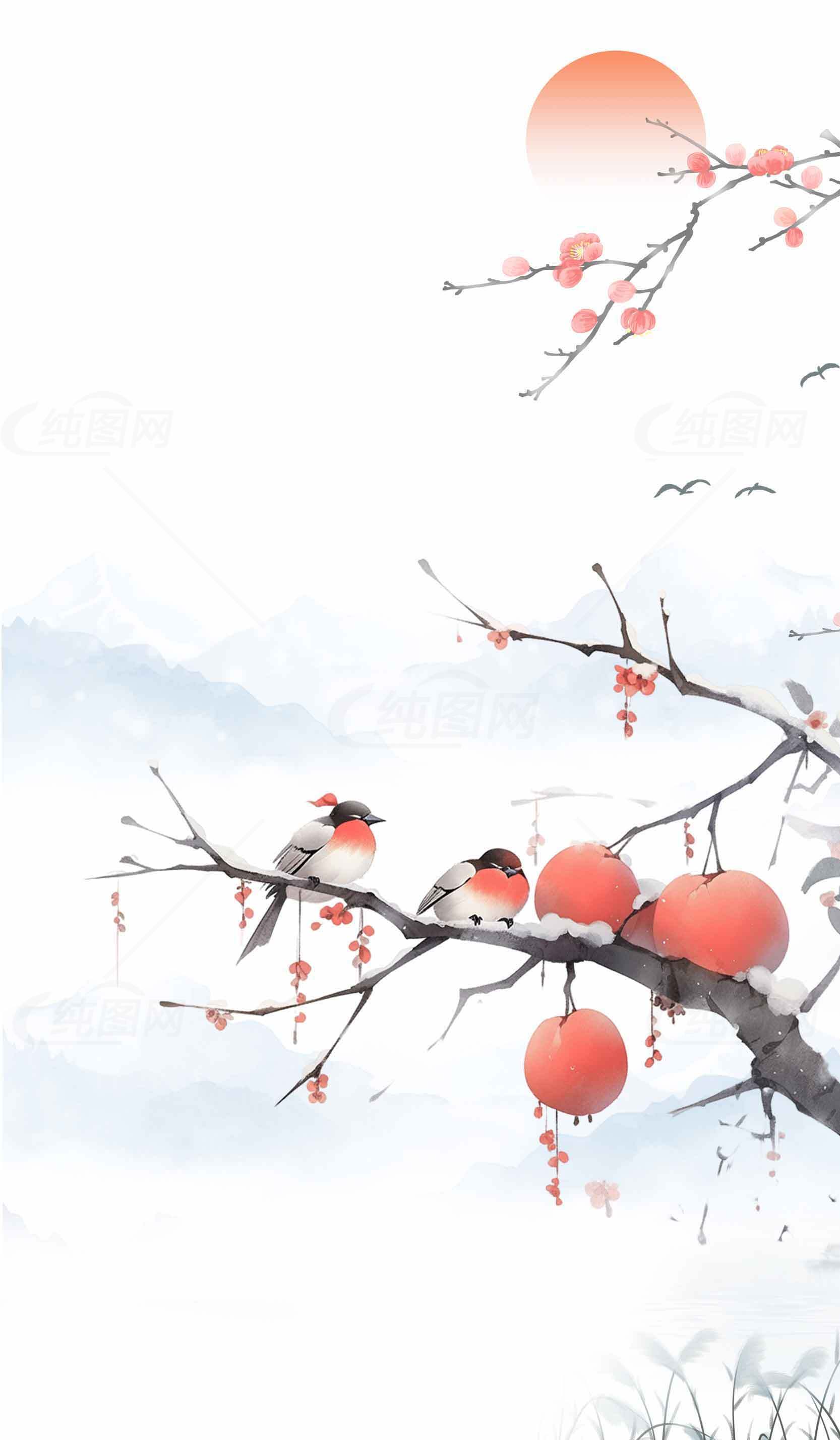 中国风水墨画唯美鸟儿与红灯笼意境插画素材