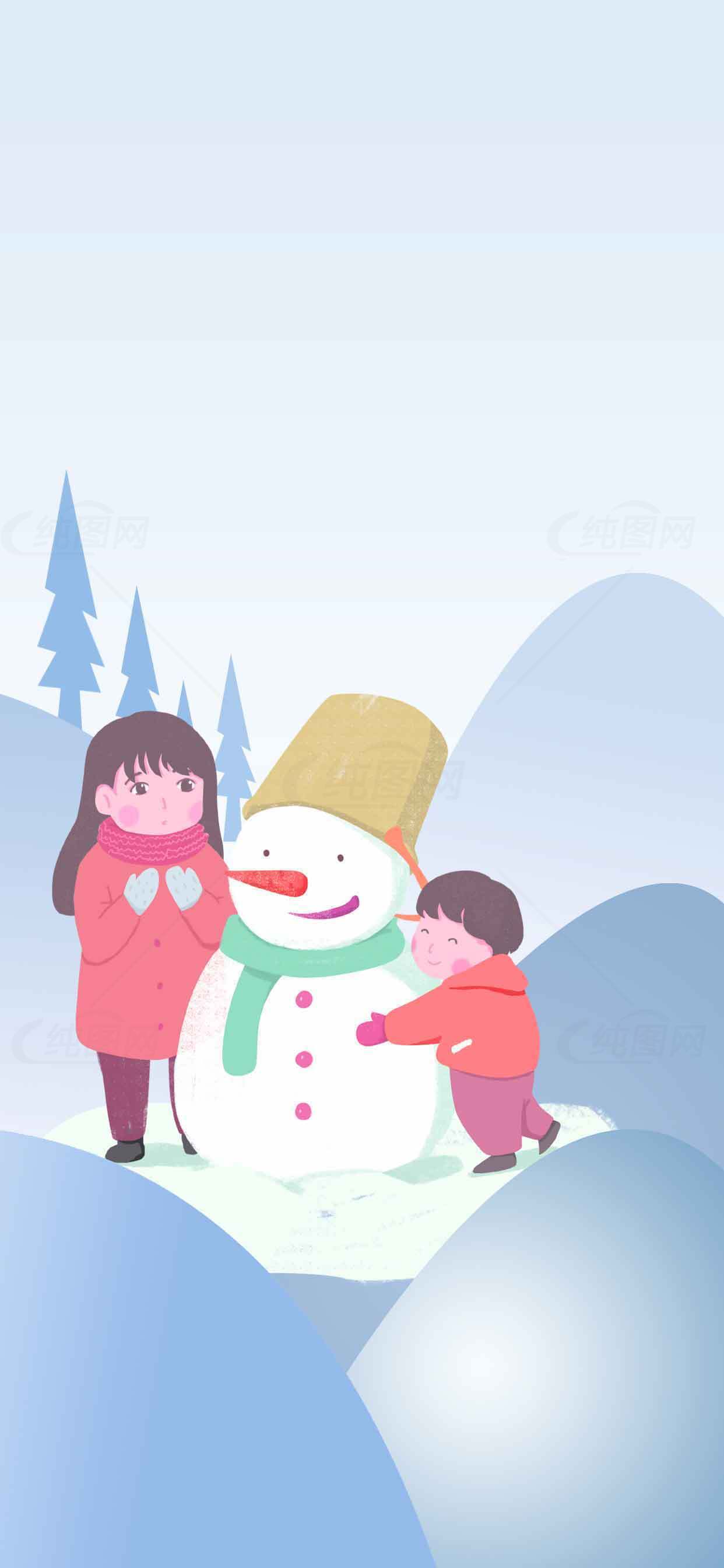冬季雪人亲子互动插画素材