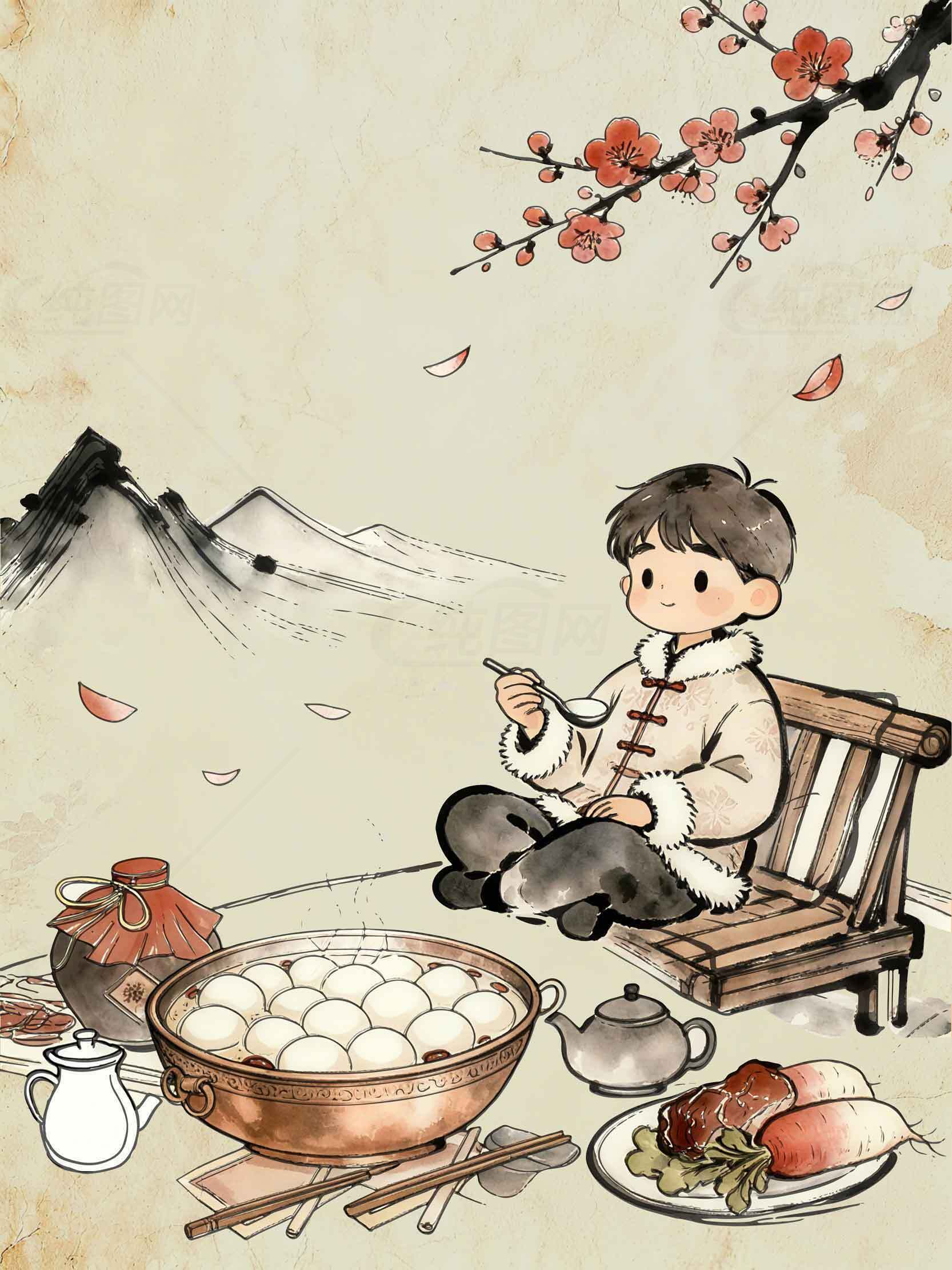 传统节日元宵节插画：温馨团圆的汤圆时光素材