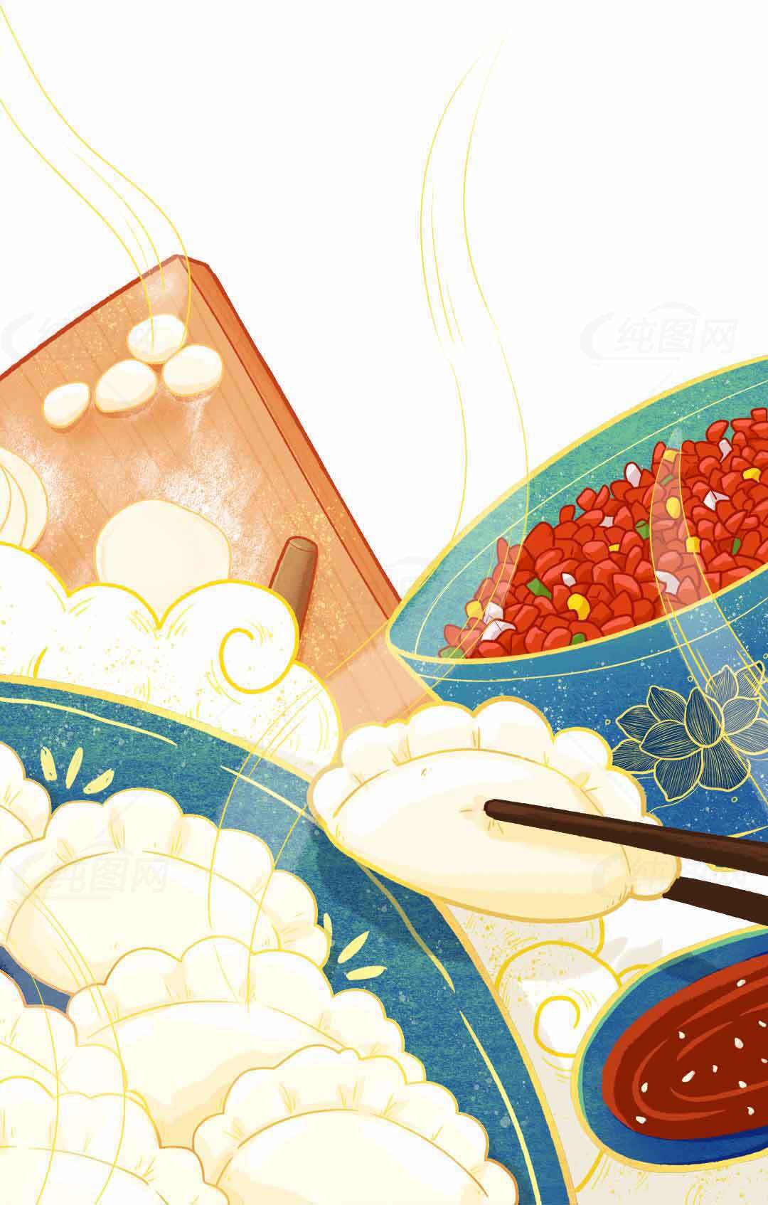 美味中式点心插画：饺子与辣椒酱的完美搭配素材