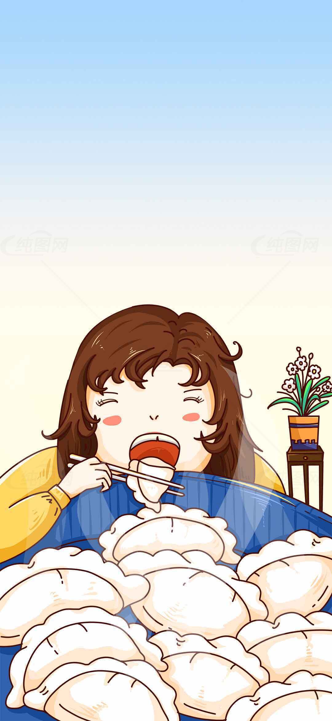 卡通女孩吃饺子插画图片素材