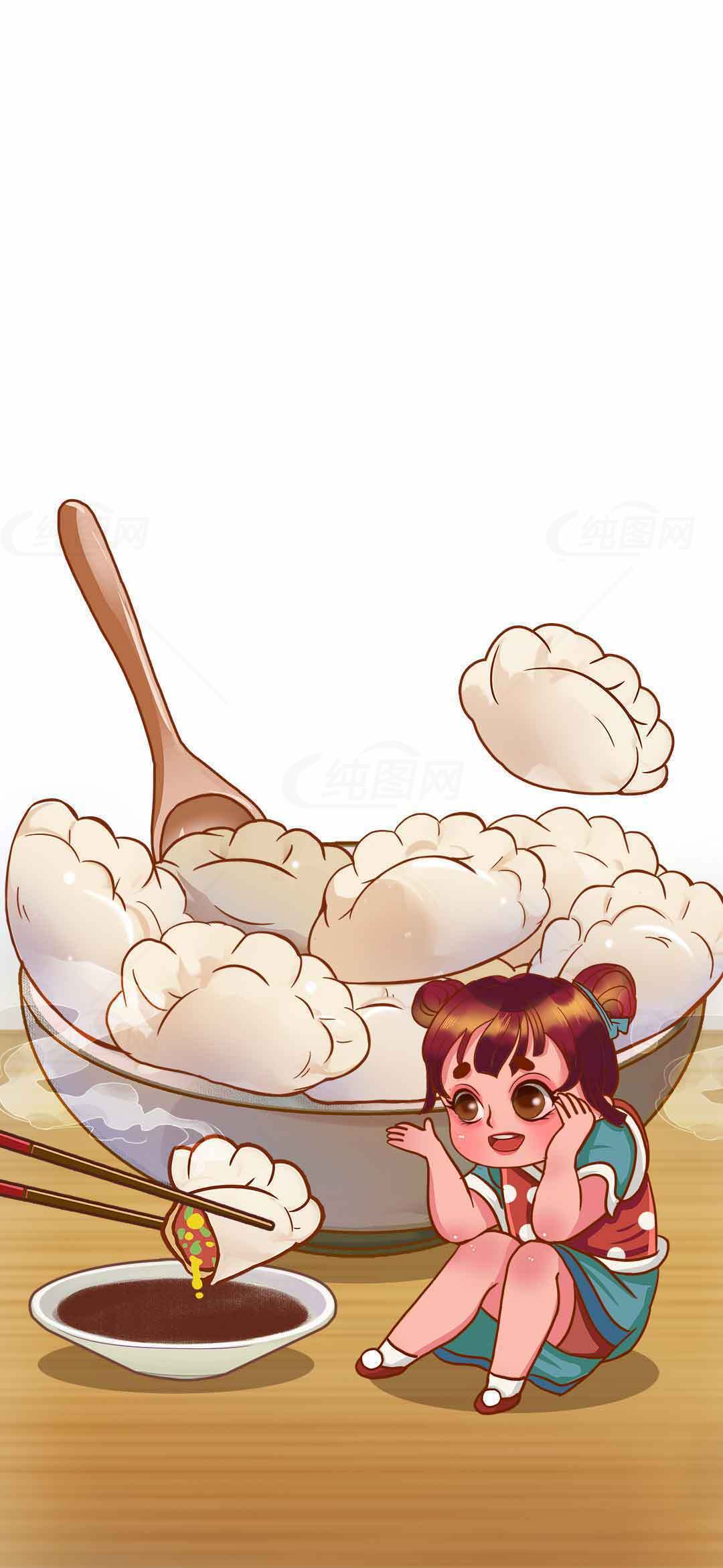 卡通风格美食插画：小女孩与大碗饺子素材