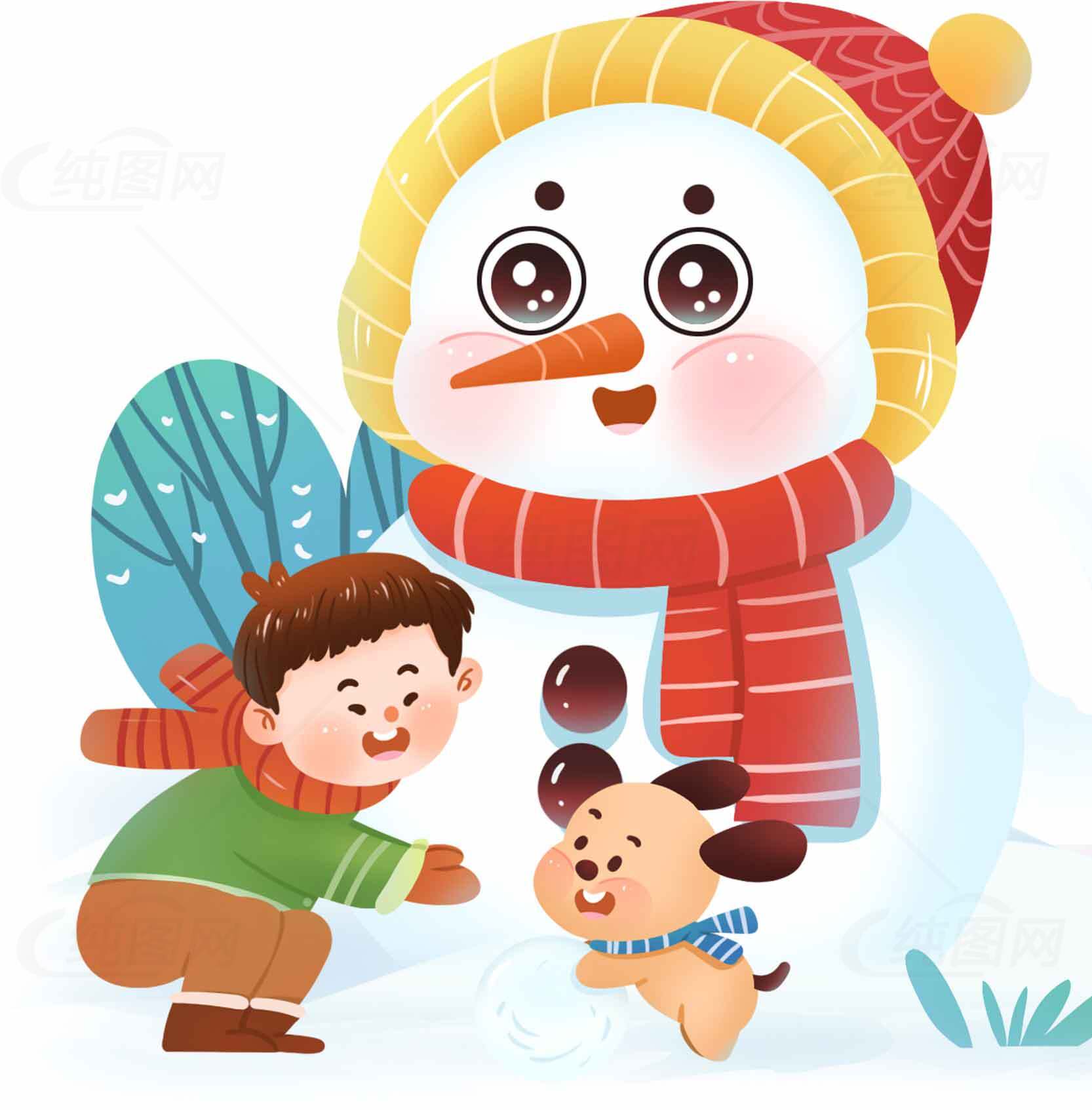 冬季雪人和小狗的欢乐时光插画素材