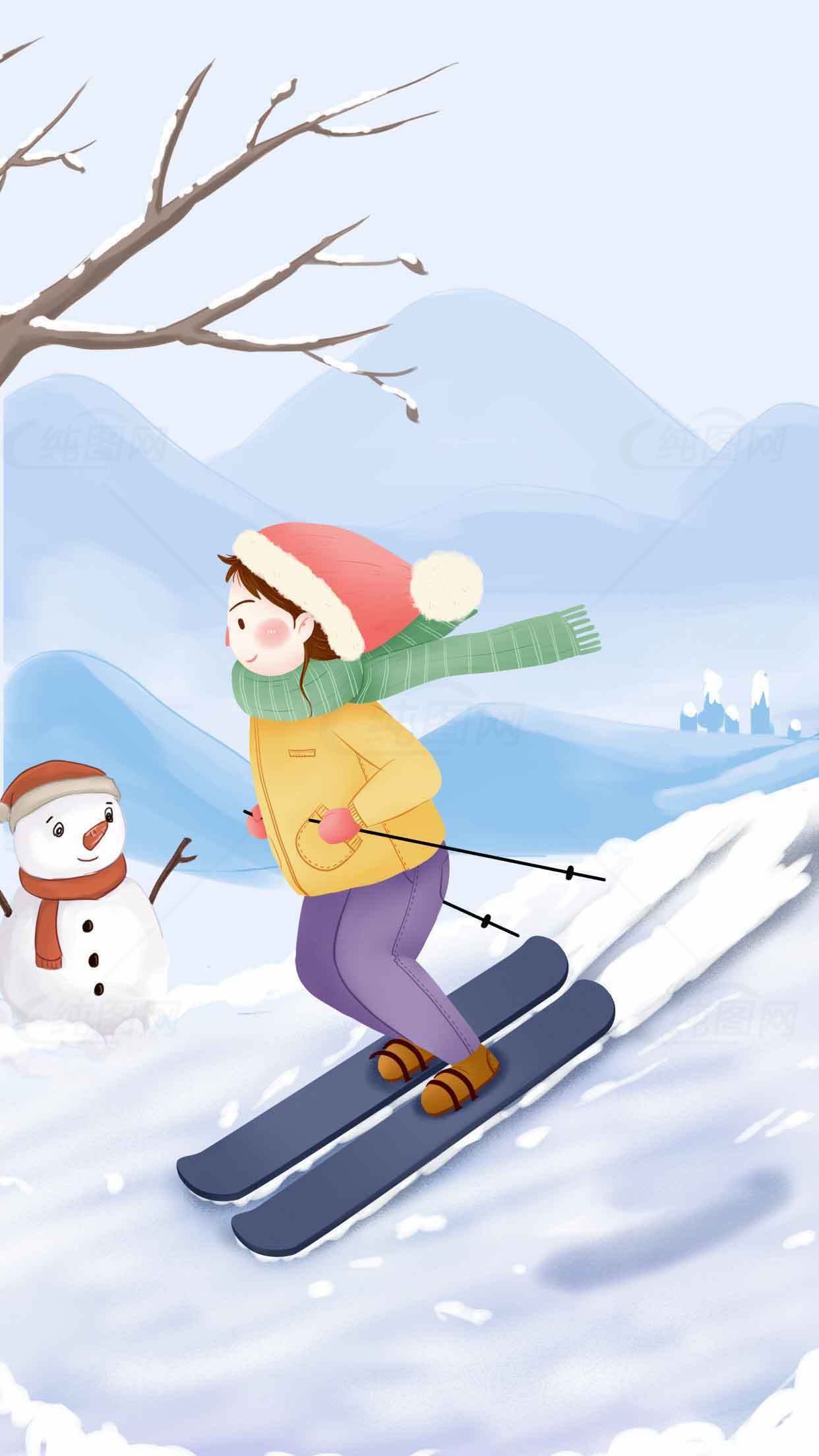 冬季滑雪卡通插画 | 雪地运动与雪人陪伴素材