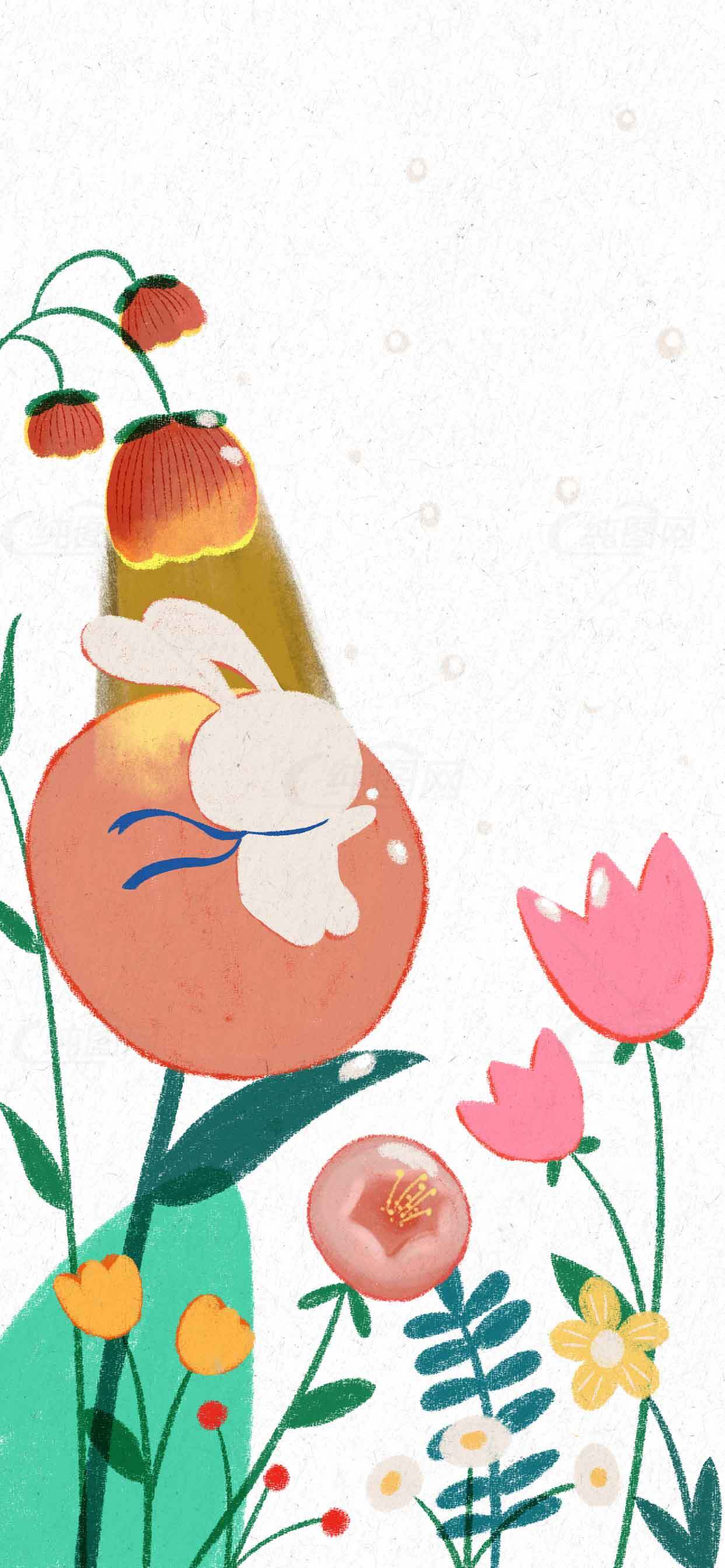 可爱兔子与春日花卉插画设计素材