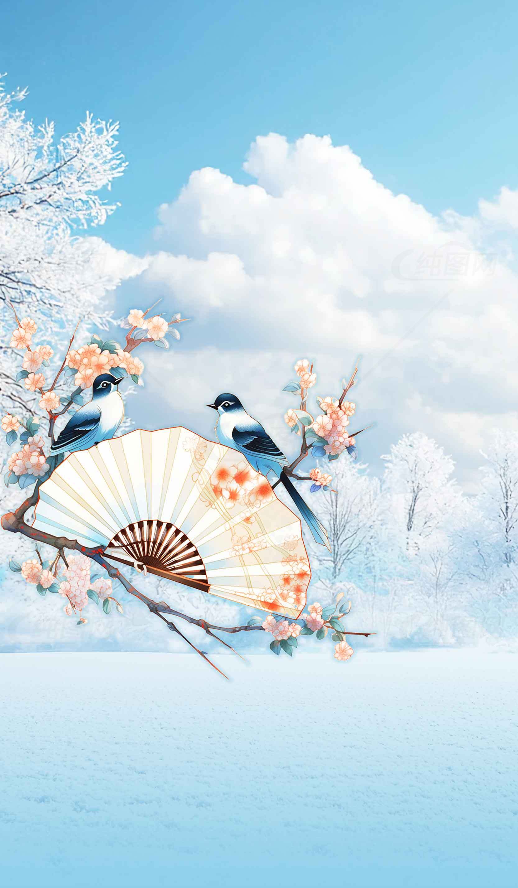 冬日蓝天与梅花扇子装饰唯美意境图片素材