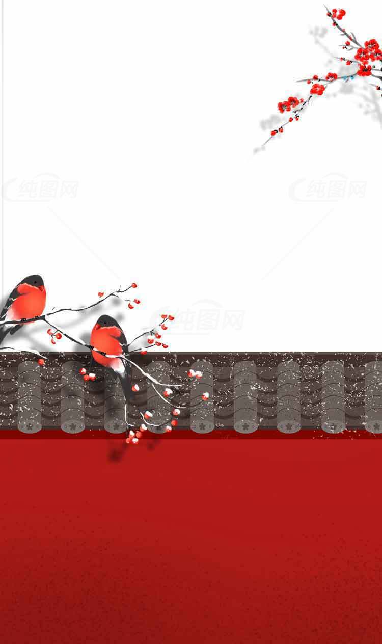 中国风红色背景图片，梅花与鸟意境设计素材