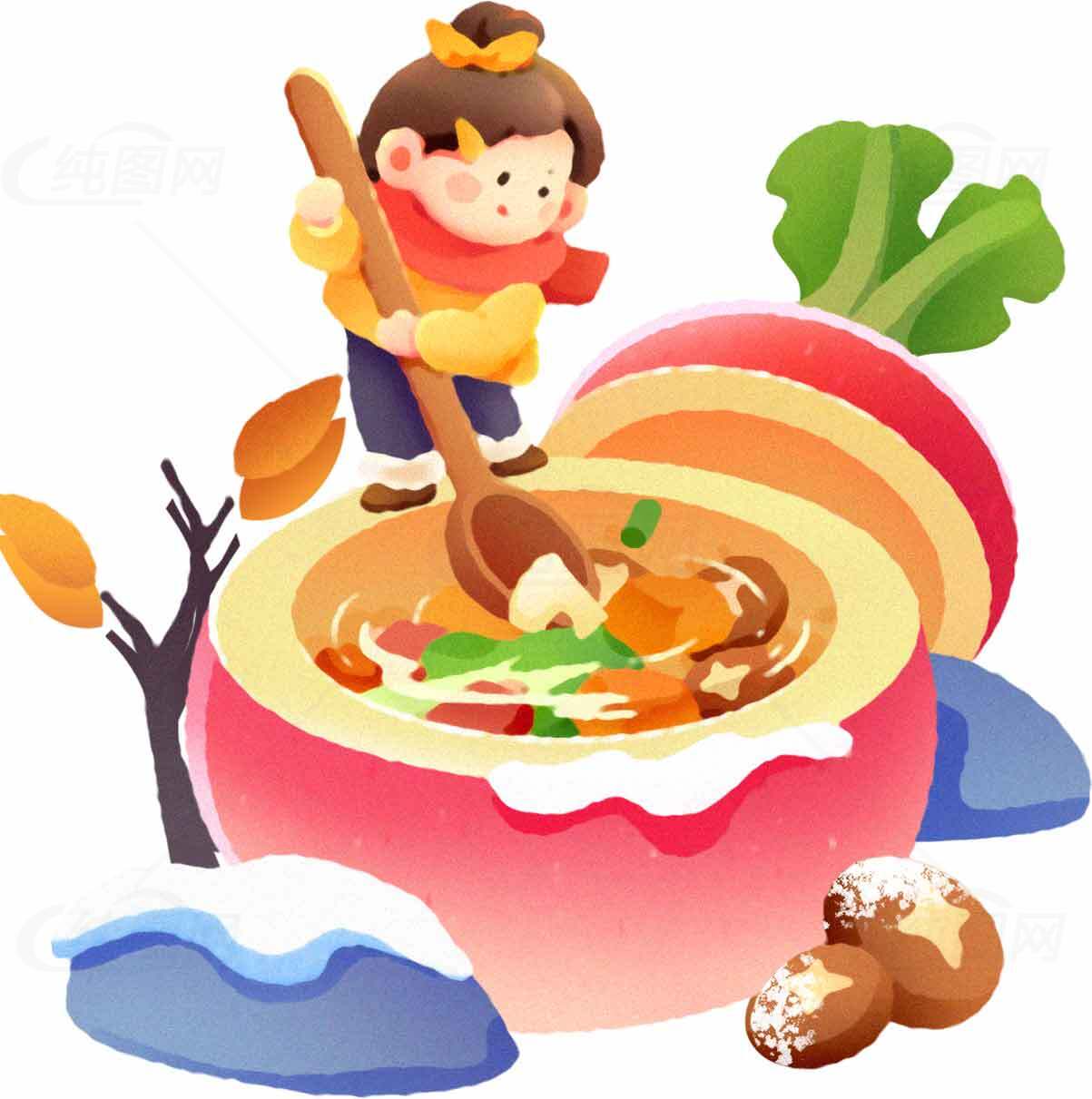 创意卡通秋季美食插画：苹果汤制作场景素材