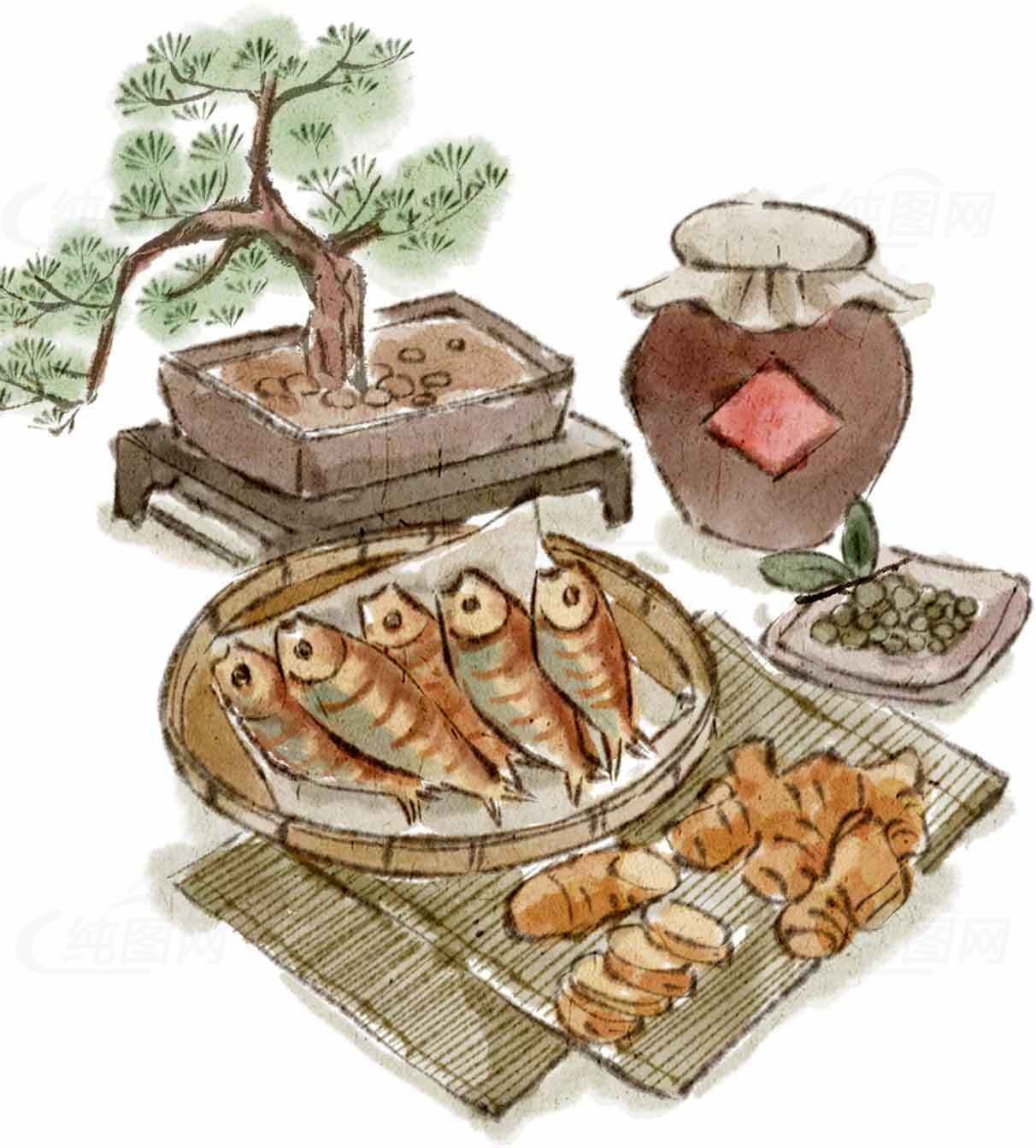 传统日式美食与盆栽艺术的和谐画面素材