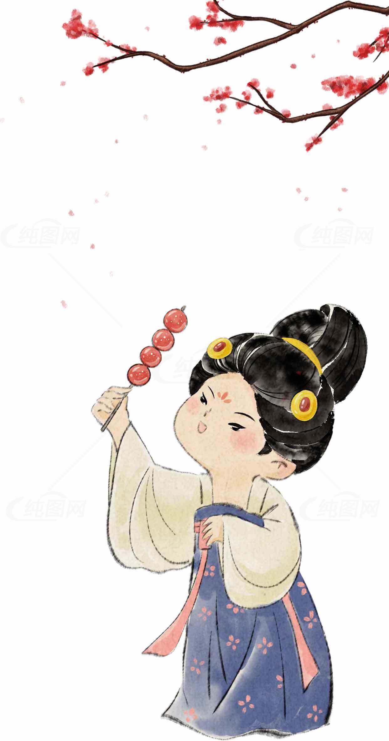 古风插画：手持糖葫芦的汉服少女素材