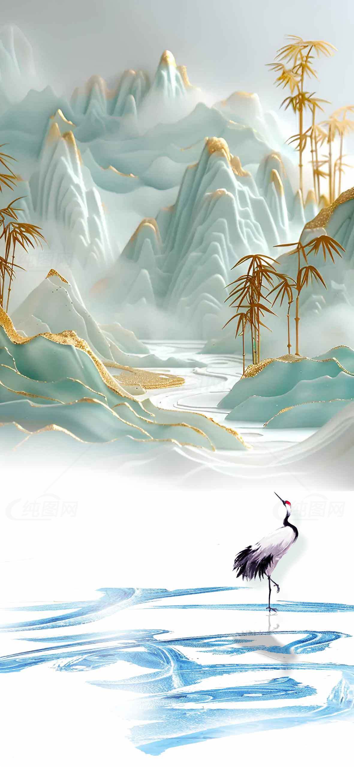 唯美山水画：仙鹤与竹林的诗意意境素材