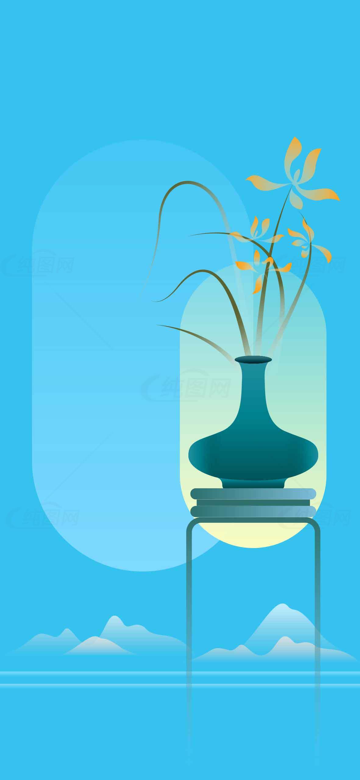 简约蓝色背景花瓶插画设计素材