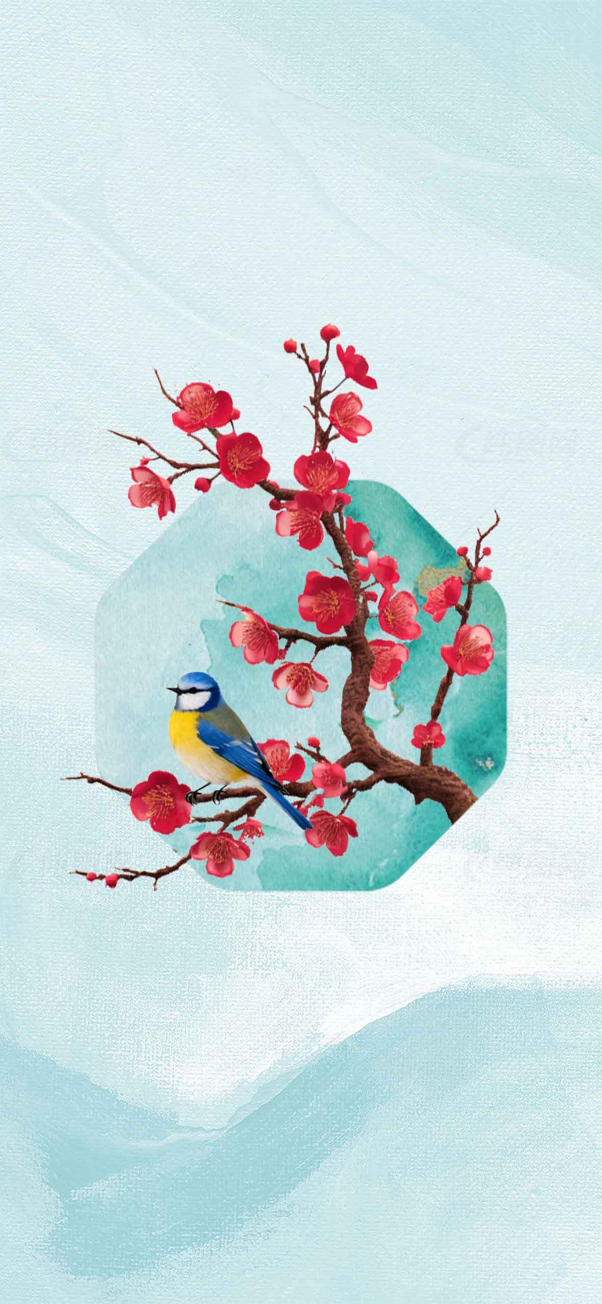 梅花与蓝山雀的唯美插画背景素材