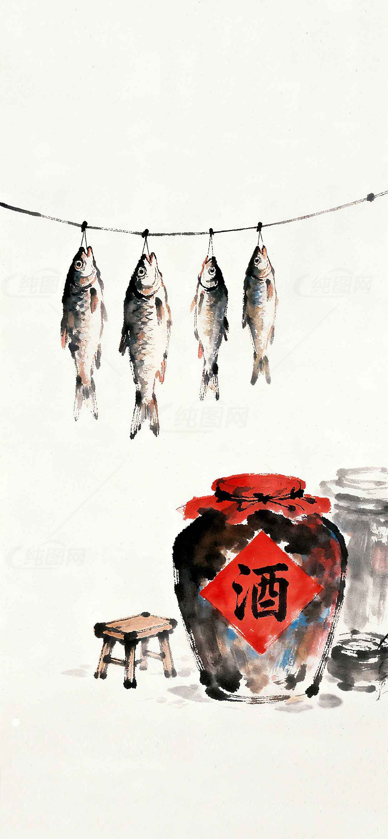 中国水墨画风干鱼与酒坛意境图素材