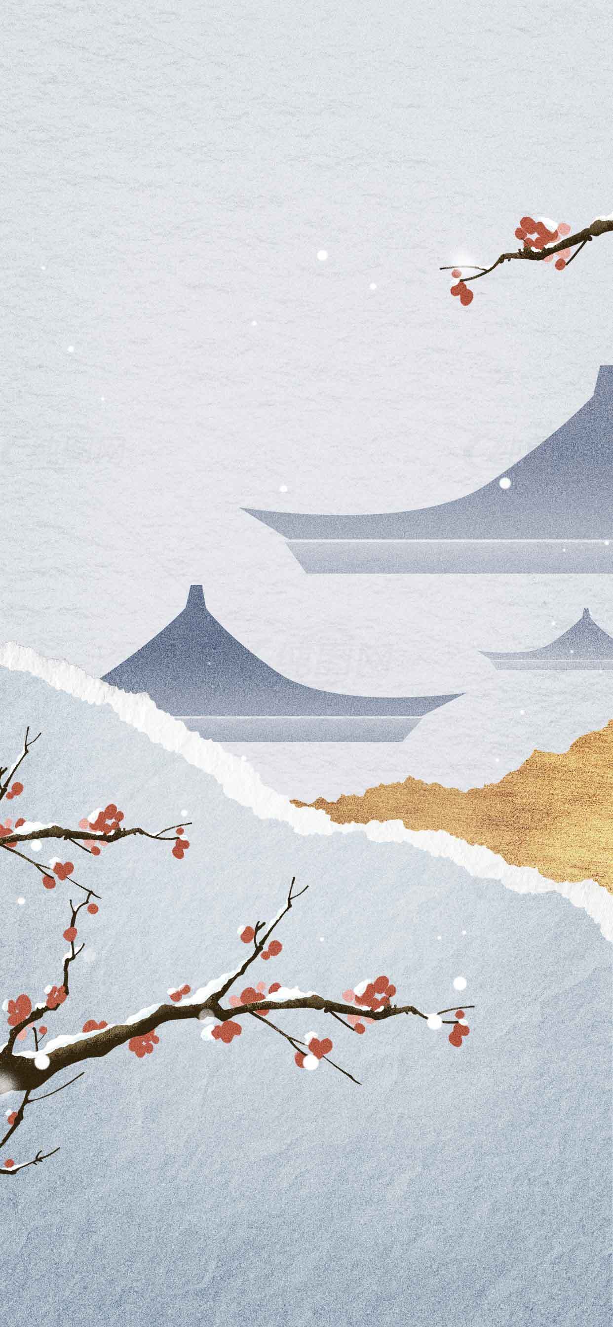 中国风水墨画冬季梅花与古建筑背景素材