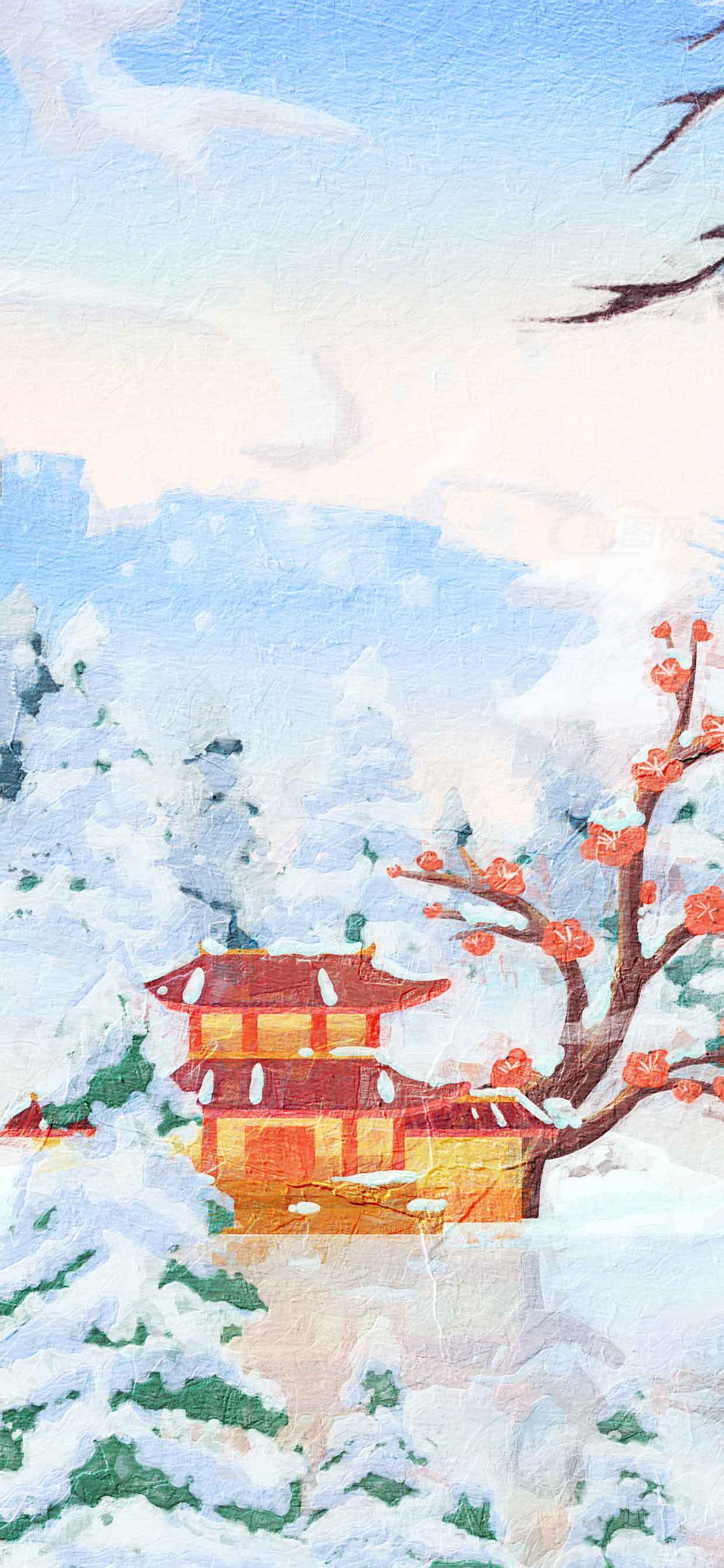 冬季雪景中的传统中式建筑与梅花水彩画素材