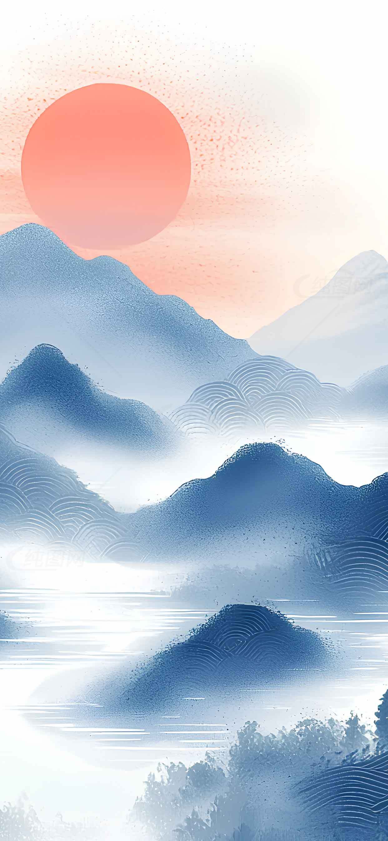 唯美中国风水墨山水画日出意境壁纸素材