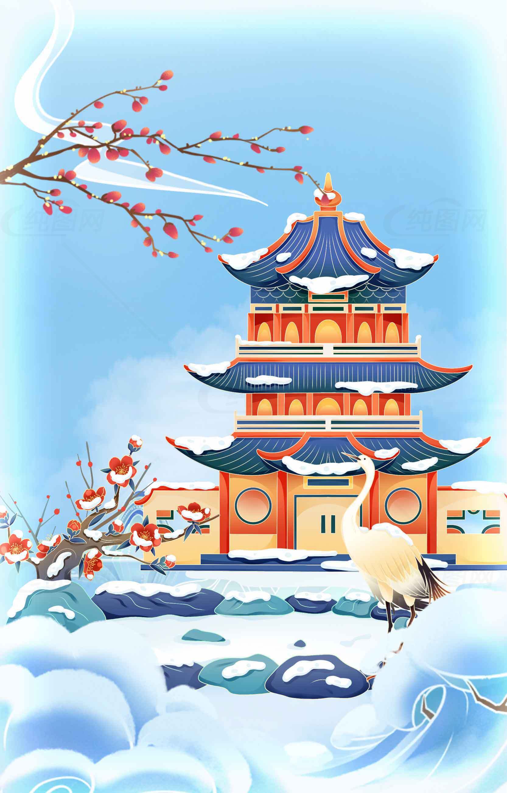 冬日国风古建筑插画唯美意境图素材