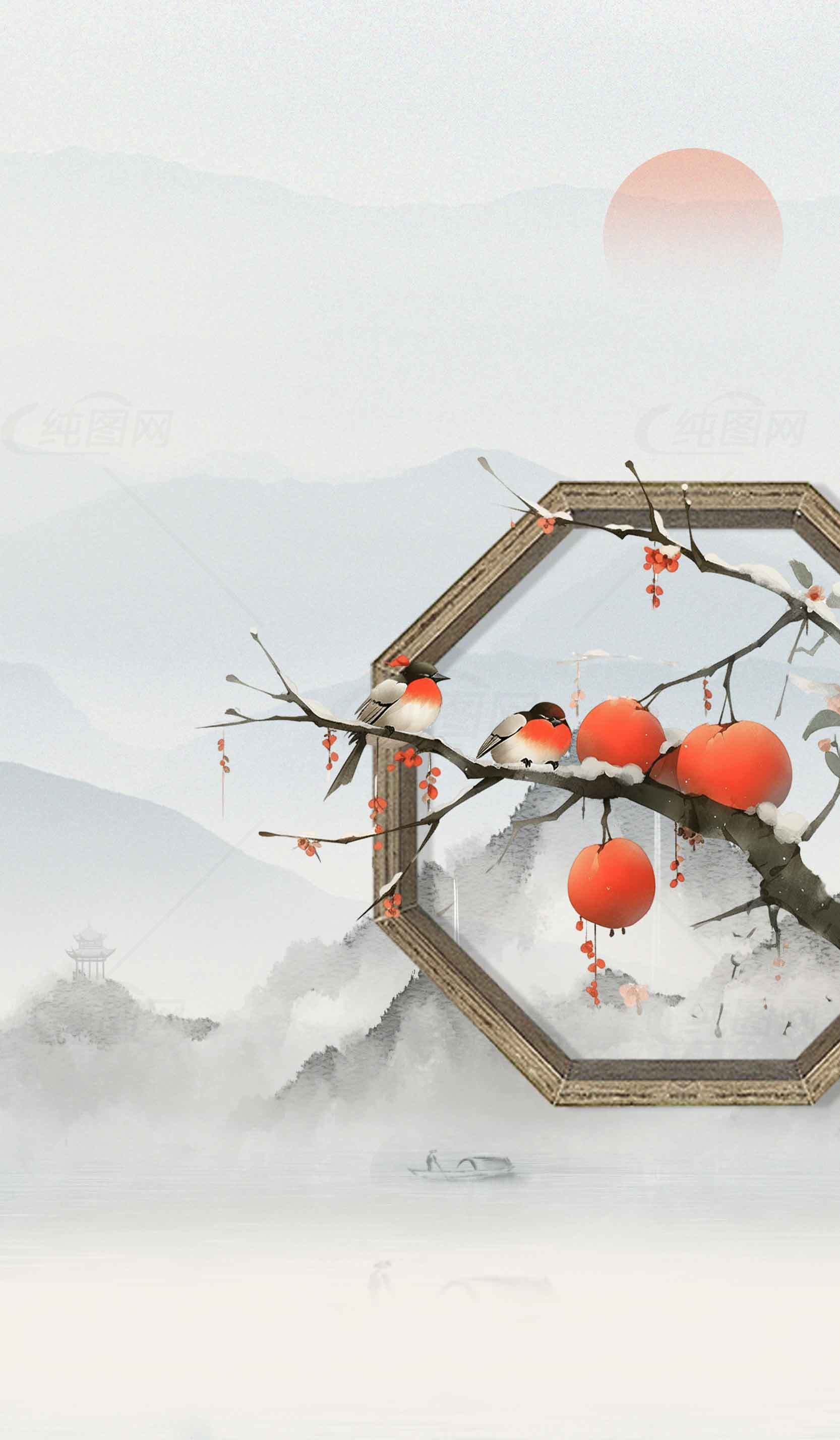 国风水墨画意境图片：红灯笼与山水背景素材