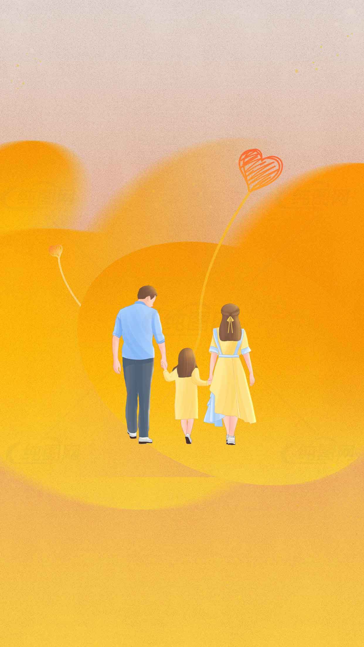 温馨家庭手牵手插画图片素材