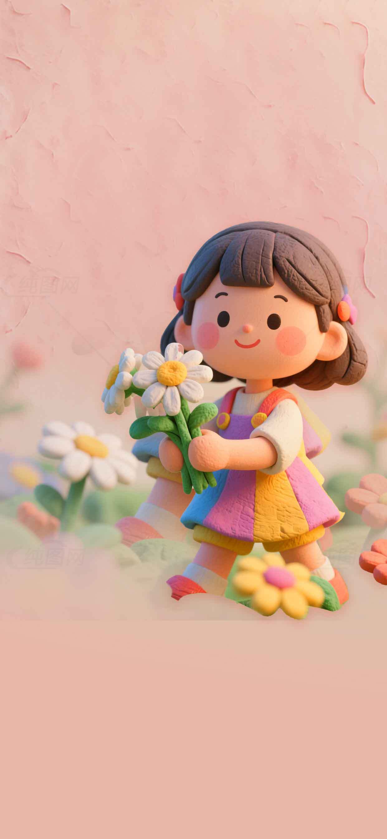 可爱女孩与花朵的黏土艺术作品素材