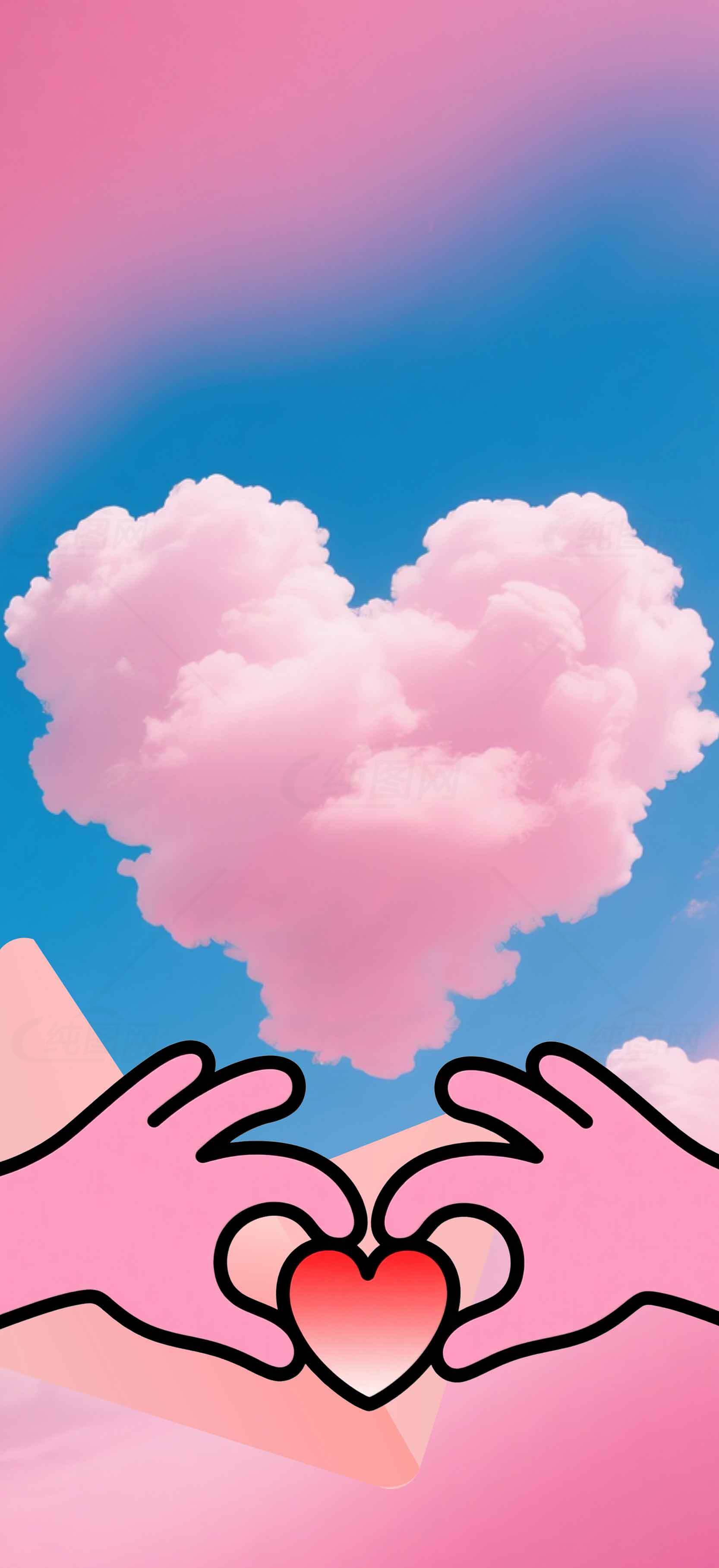 浪漫粉色心形云朵与爱心手势背景图片素材