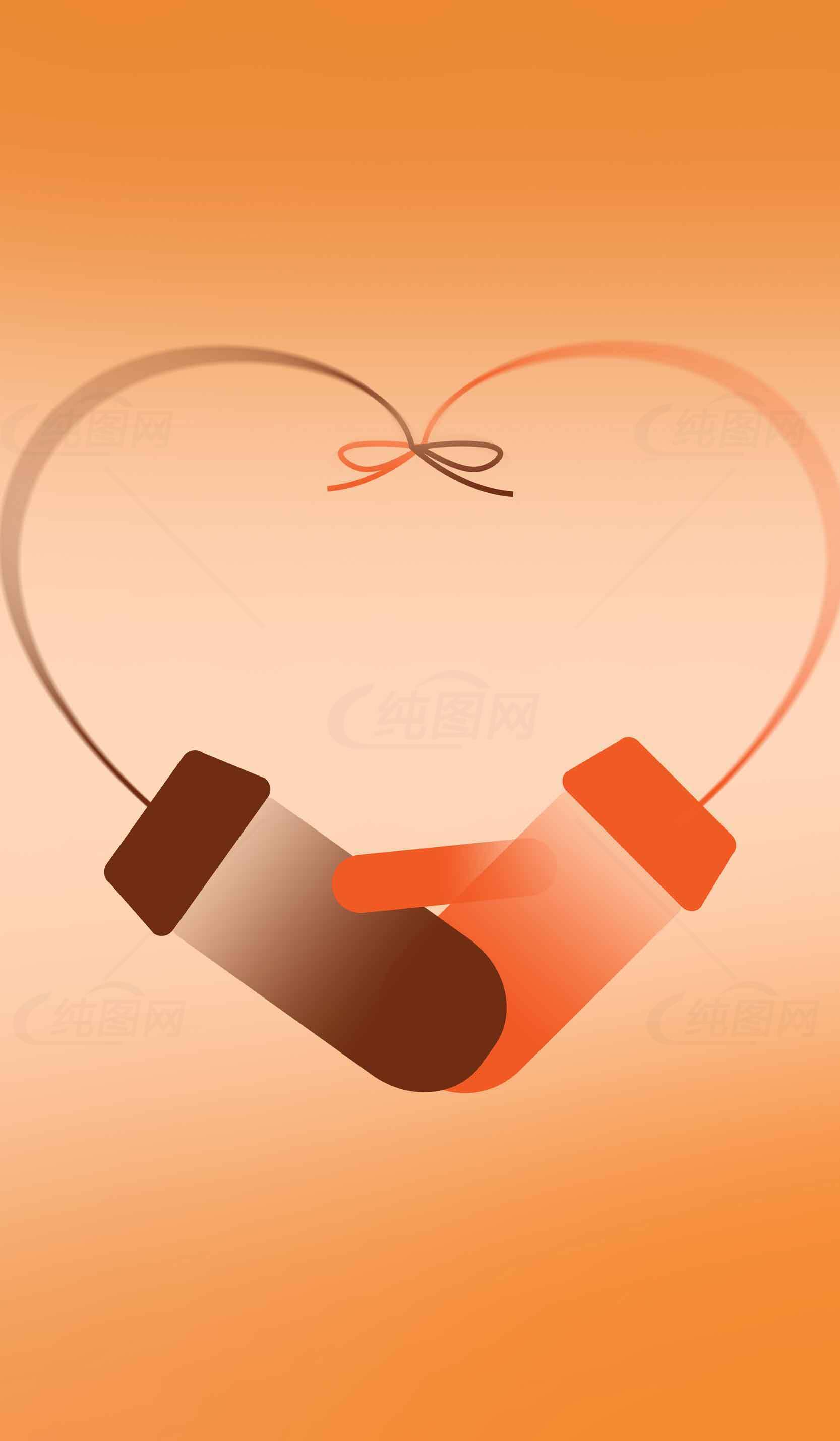 橙色背景的爱心与握手图——传递温暖与关怀素材
