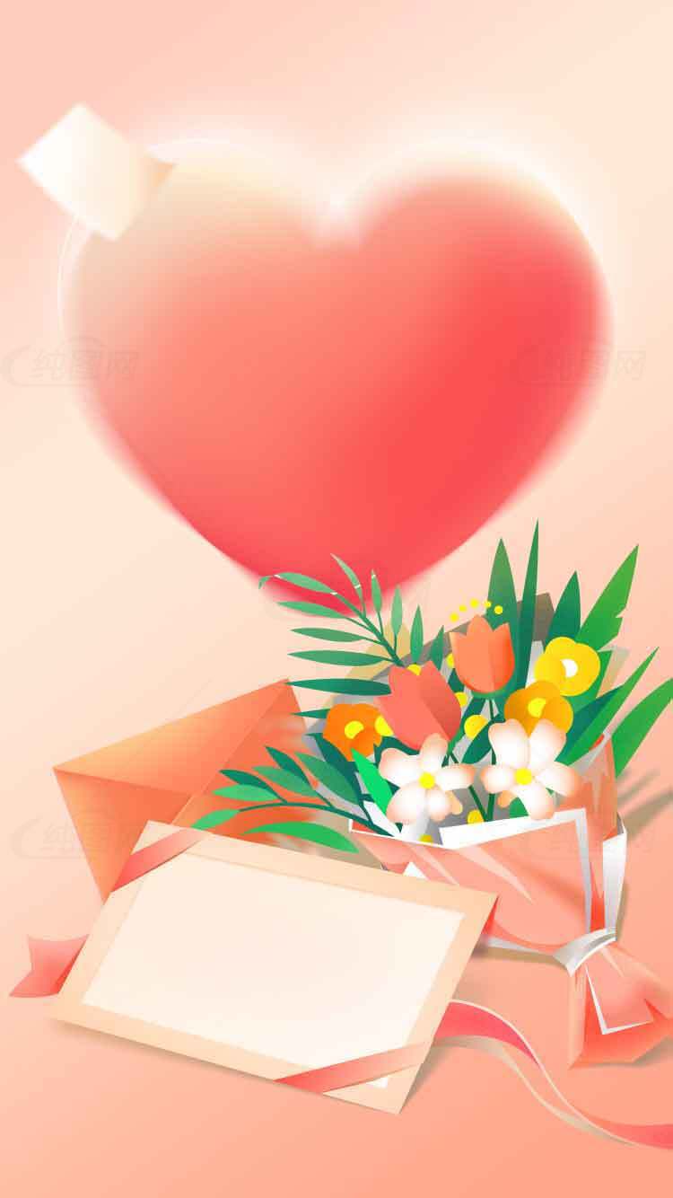 浪漫情人节心形贺卡与花束图片素材