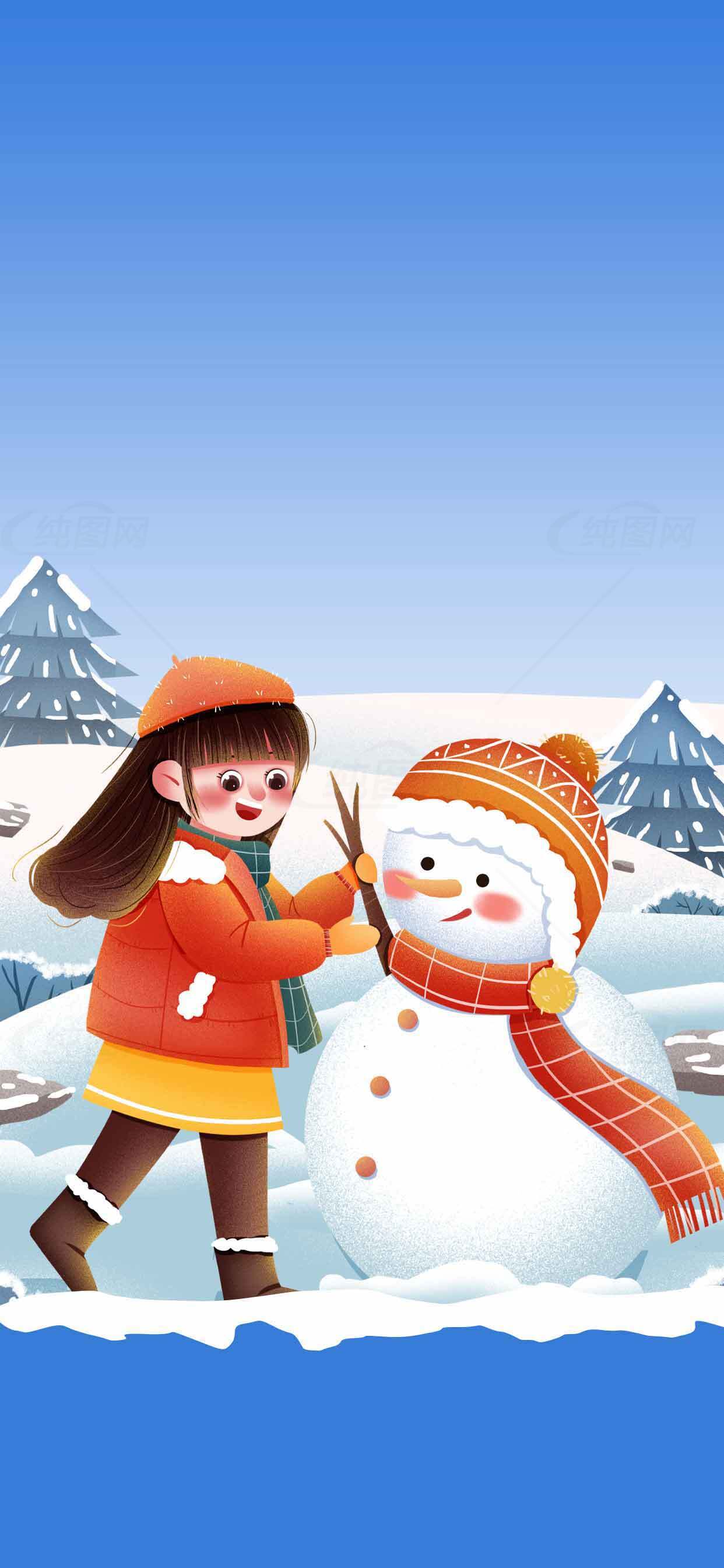 冬季雪地堆雪人插画图片素材
