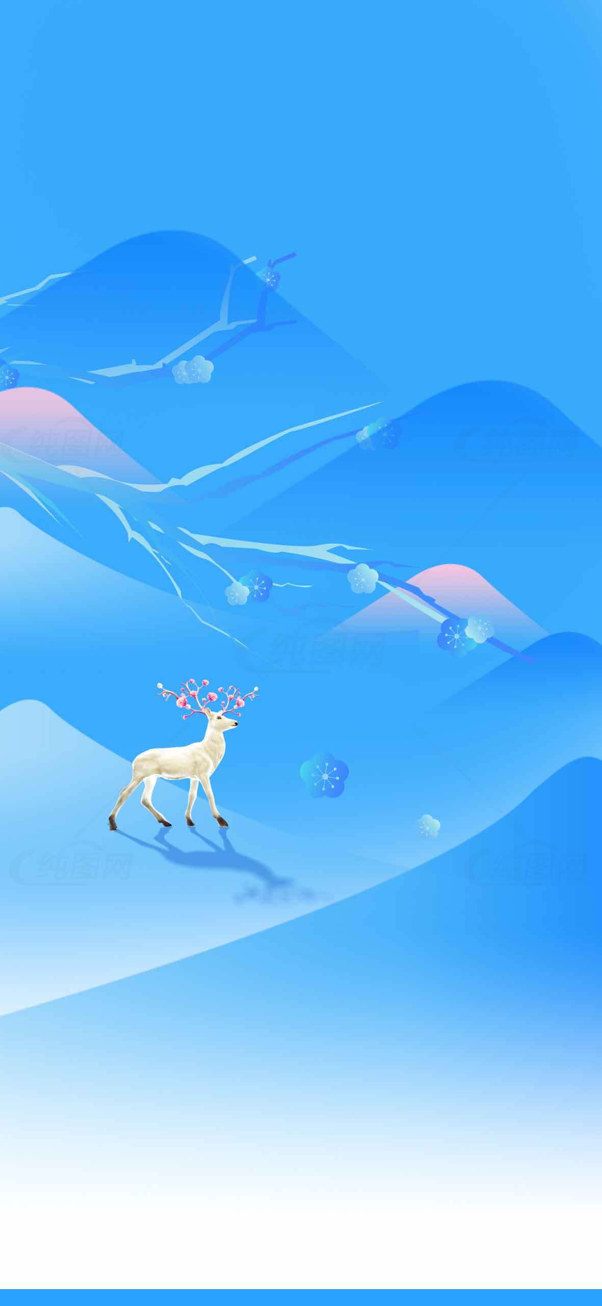 唯美蓝色背景的梦幻冬季鹿插画素材
