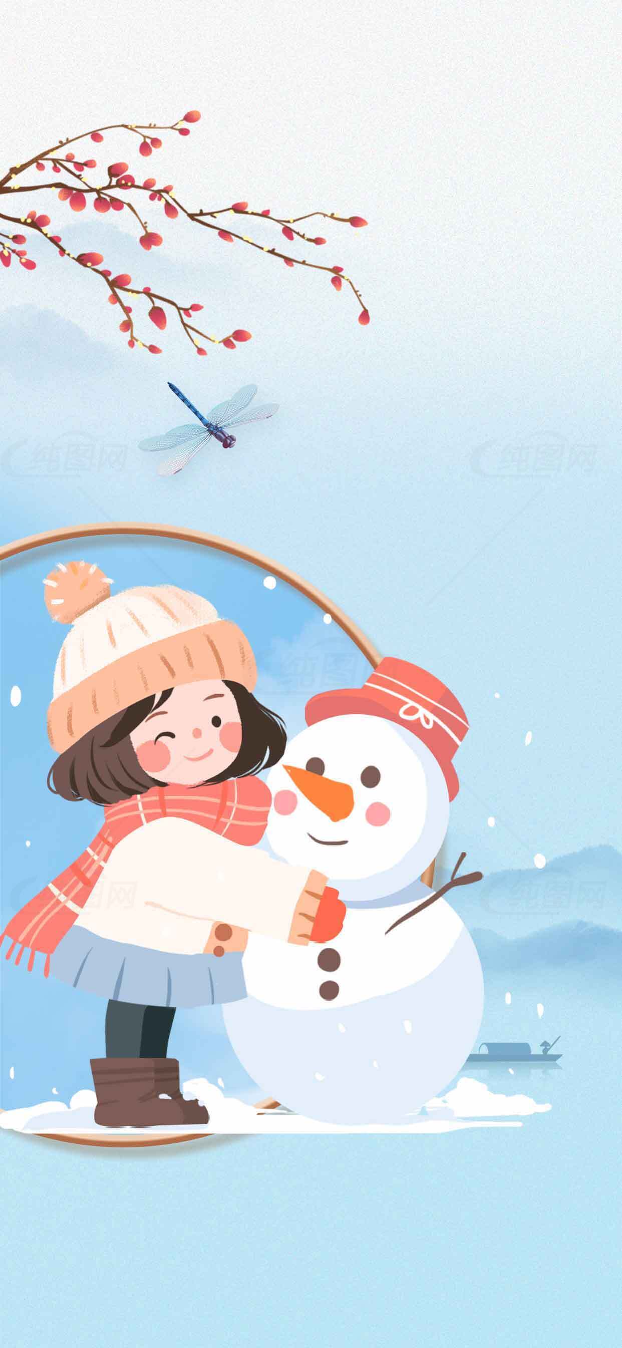 冬季童趣：女孩与雪人温馨场景插画素材