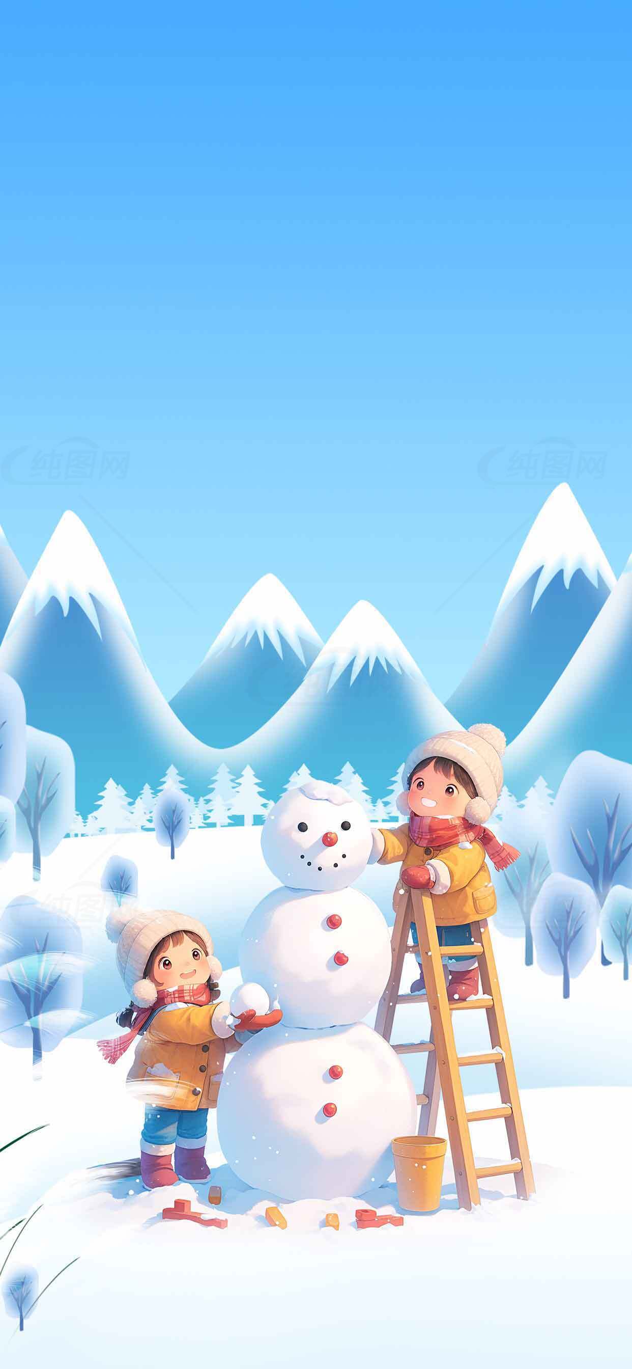 冬季雪景儿童堆雪人插画素材
