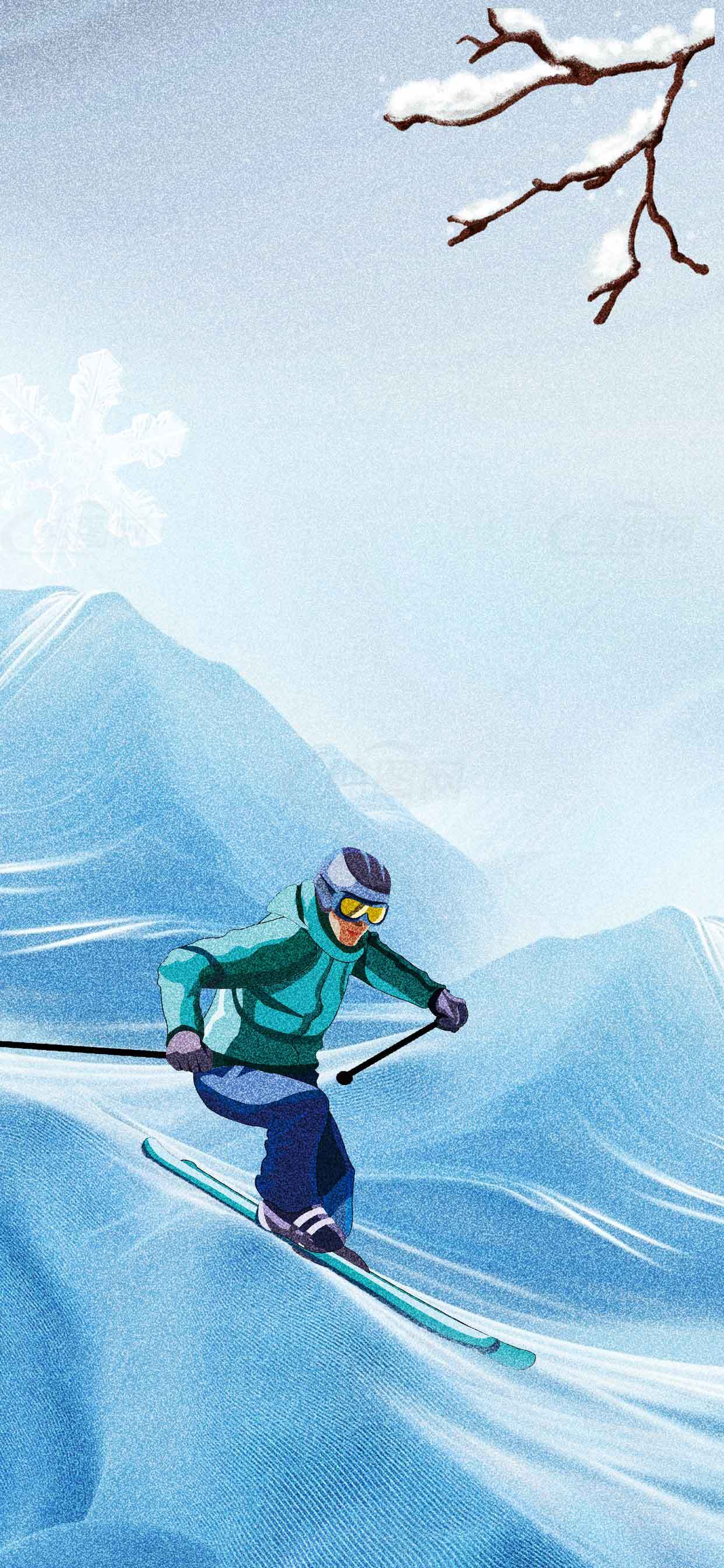 冬季滑雪运动插画：享受冰雪世界的激情素材
