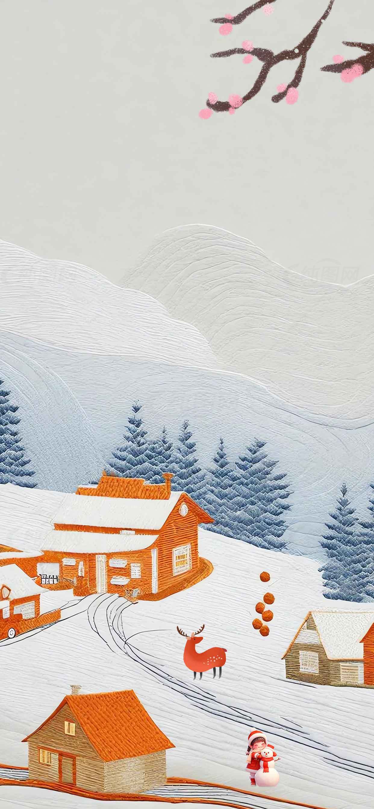 冬日雪景插画：温馨小屋与圣诞氛围素材