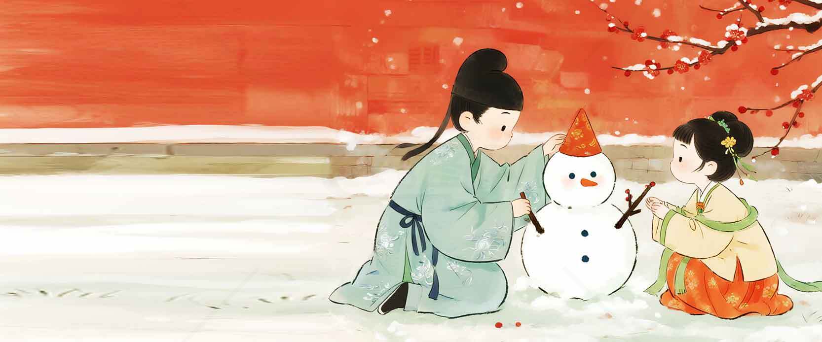 古风雪景童趣插画素材