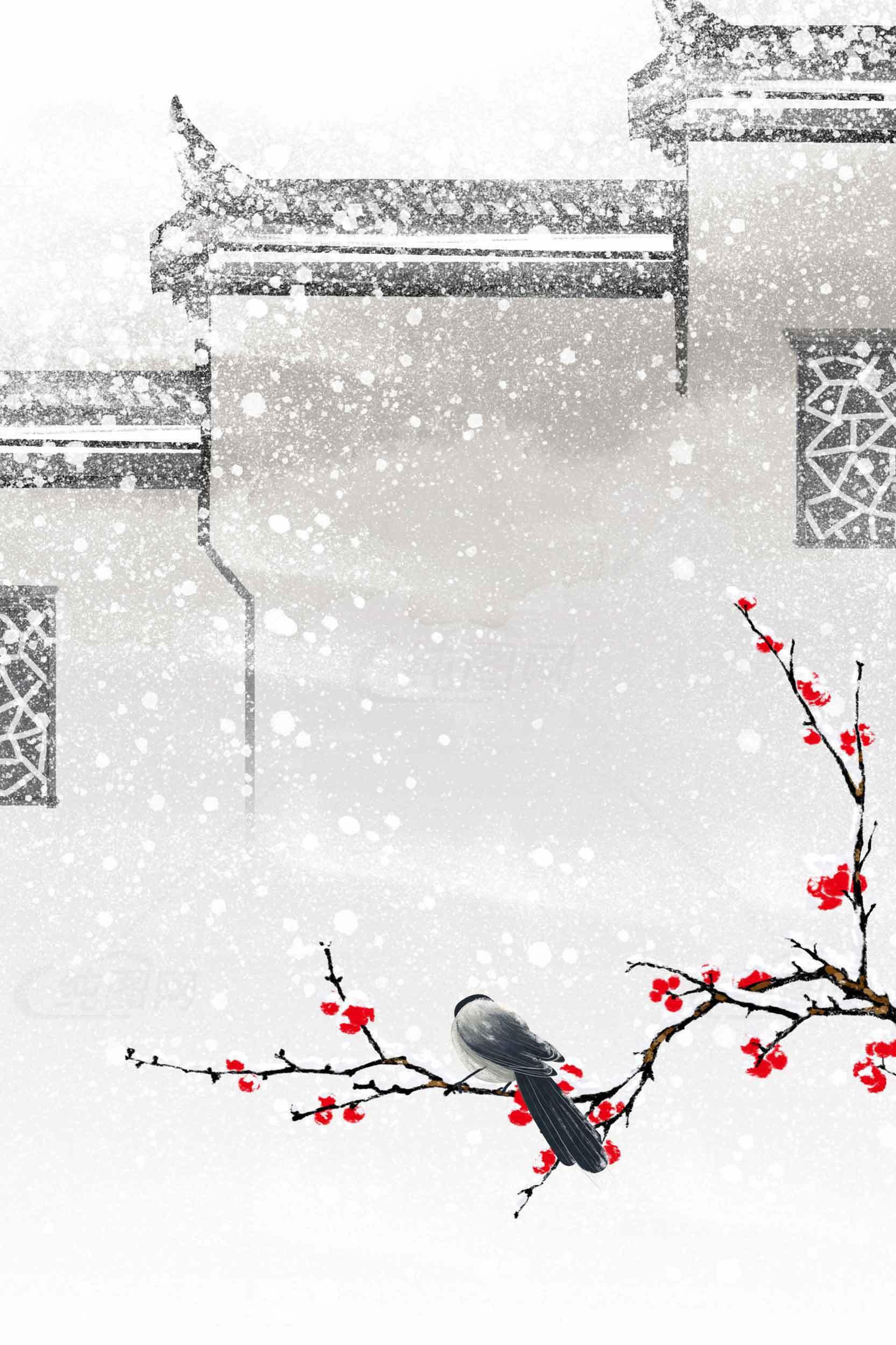 中国风雪景梅花与鸟意境图片素材