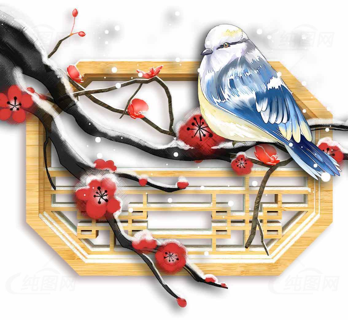 冬日梅花与蓝色小鸟装饰画素材