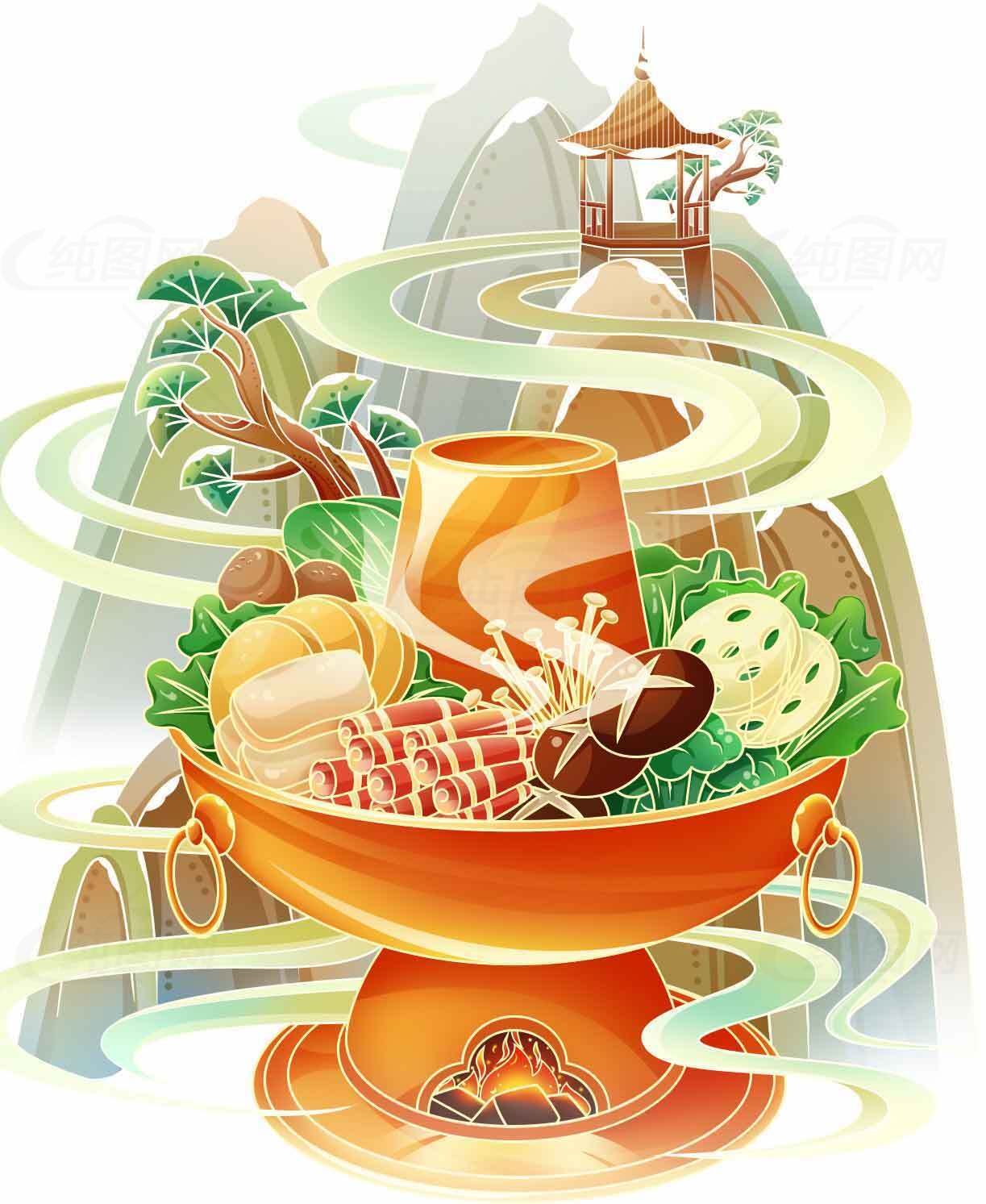 传统火锅美食与山水风景插画设计素材