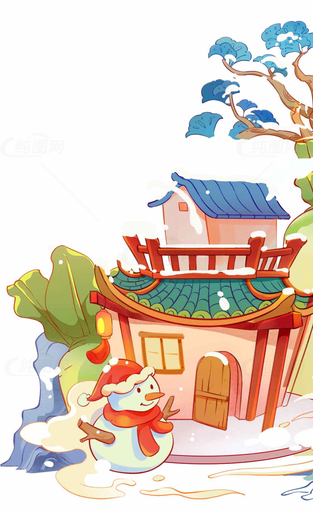 冬季雪景卡通插画：传统中式建筑与雪人素材
