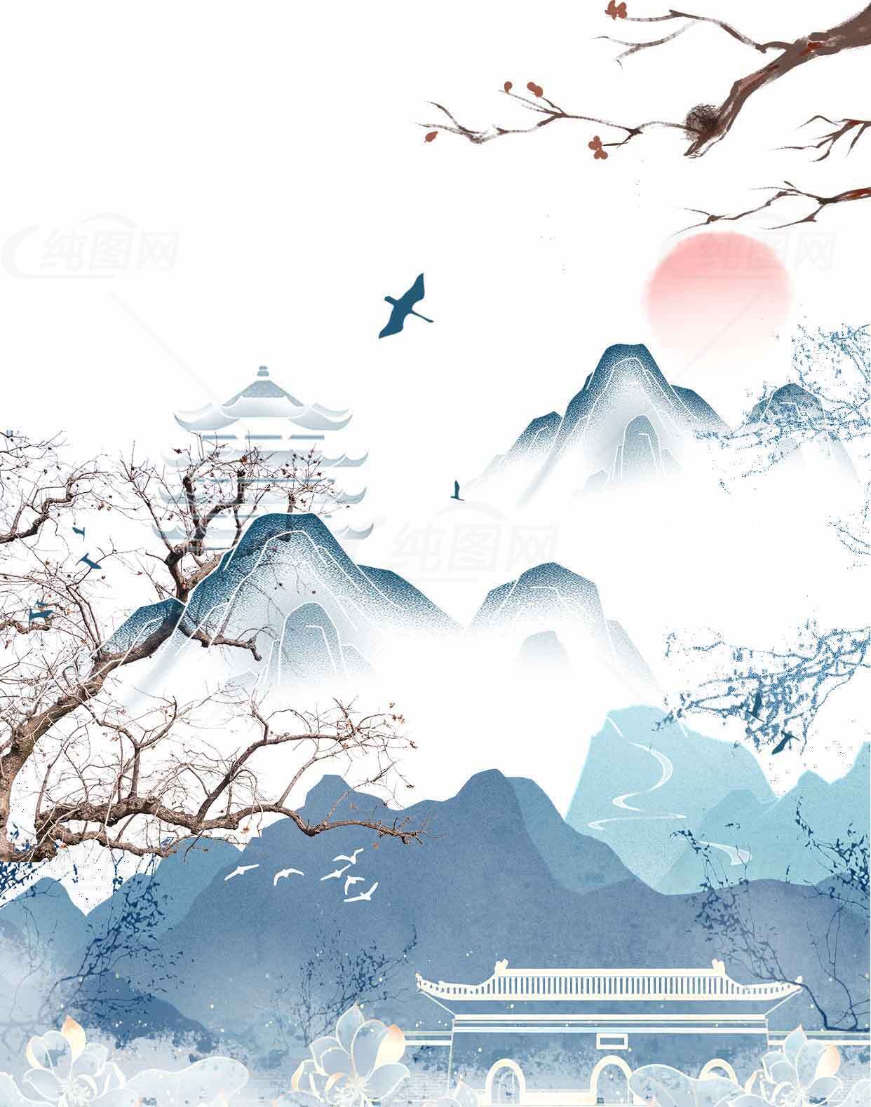 唯美意境中国风山水画背景图片素材