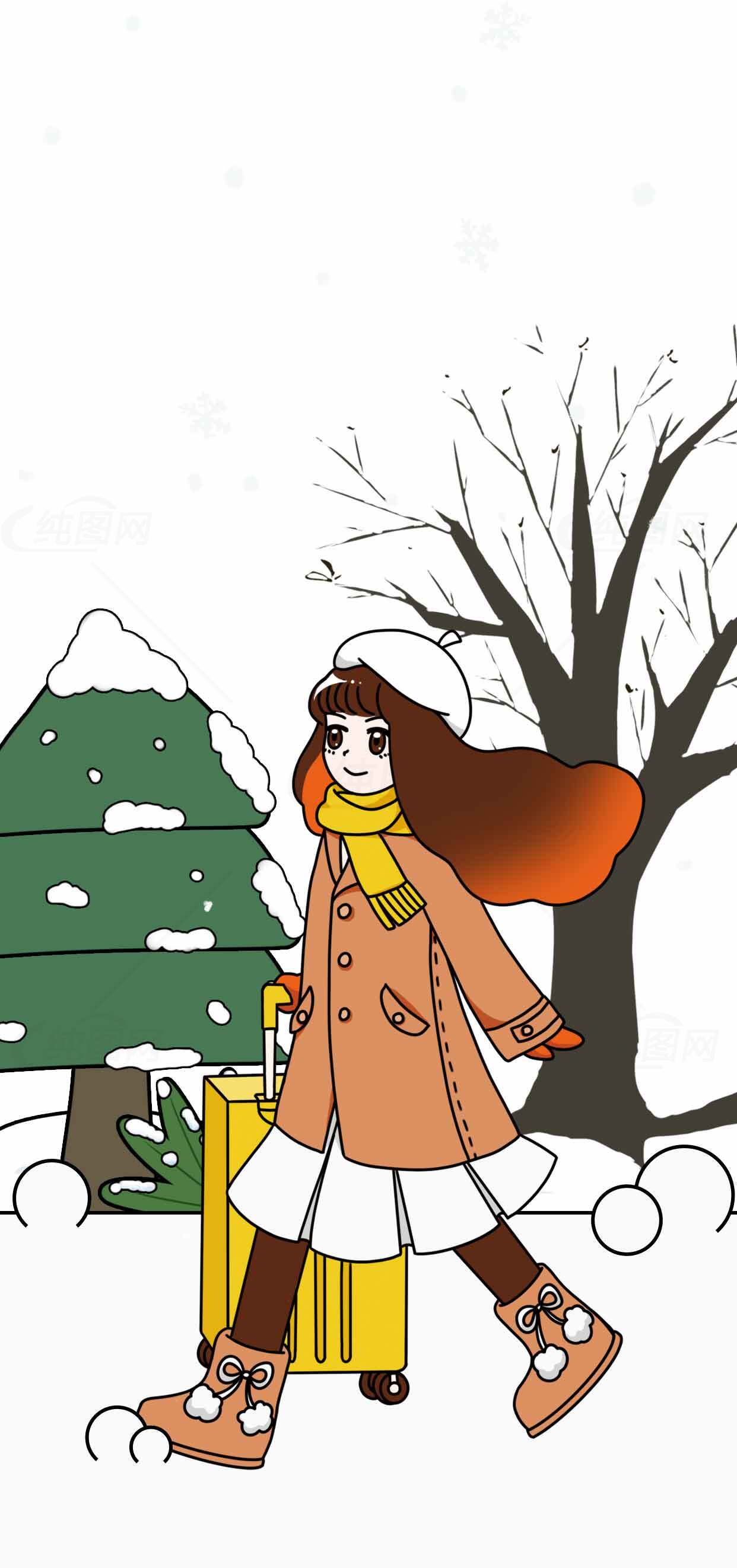 冬季旅行插画：女孩与行李箱漫步雪景素材