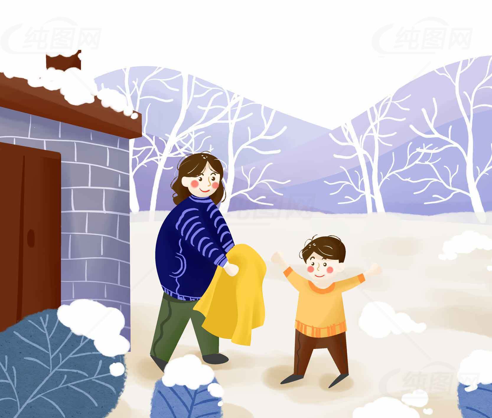 冬季亲子互动场景插画：母子温馨雪地时光素材
