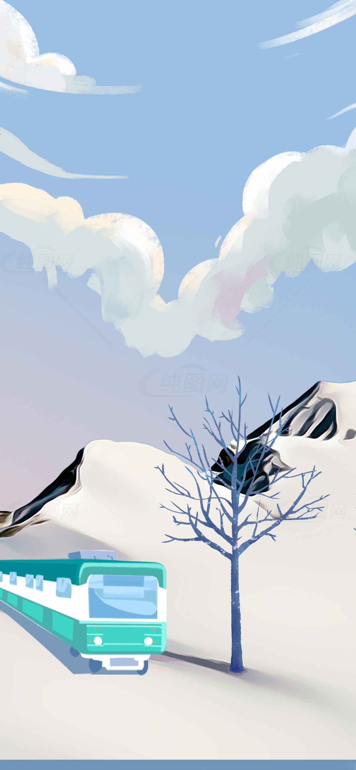 冬季雪山列车风景插画素材
