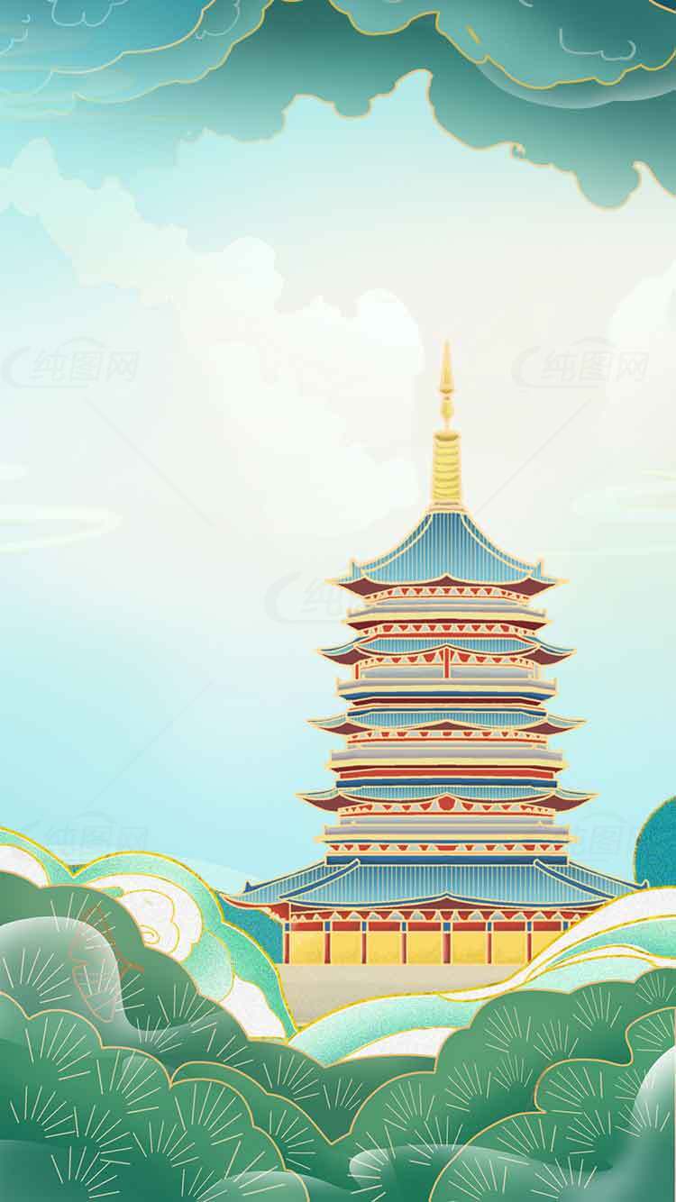 中国传统寺庙插画风景图片素材
