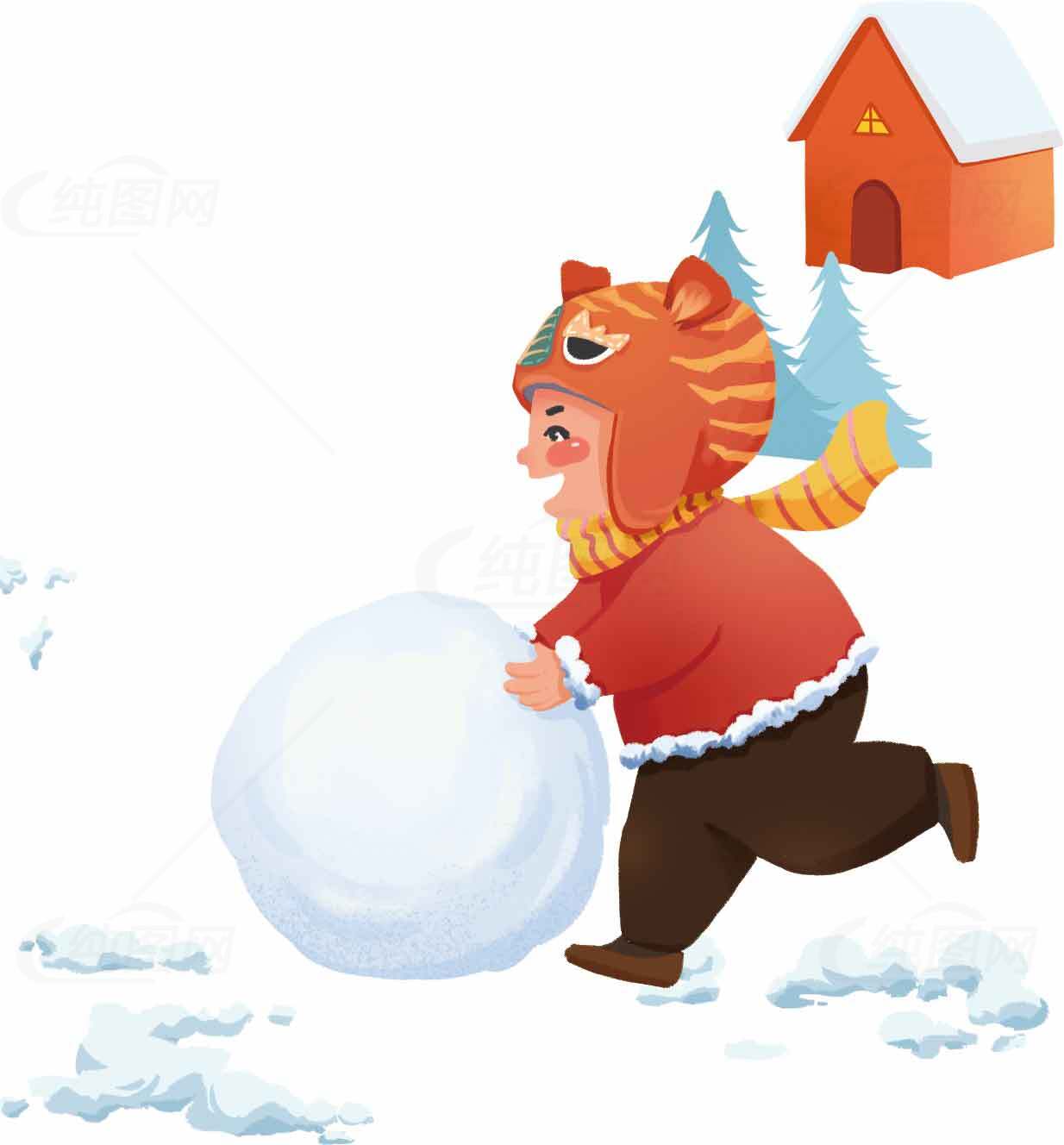 冬季儿童堆雪人插画素材图片