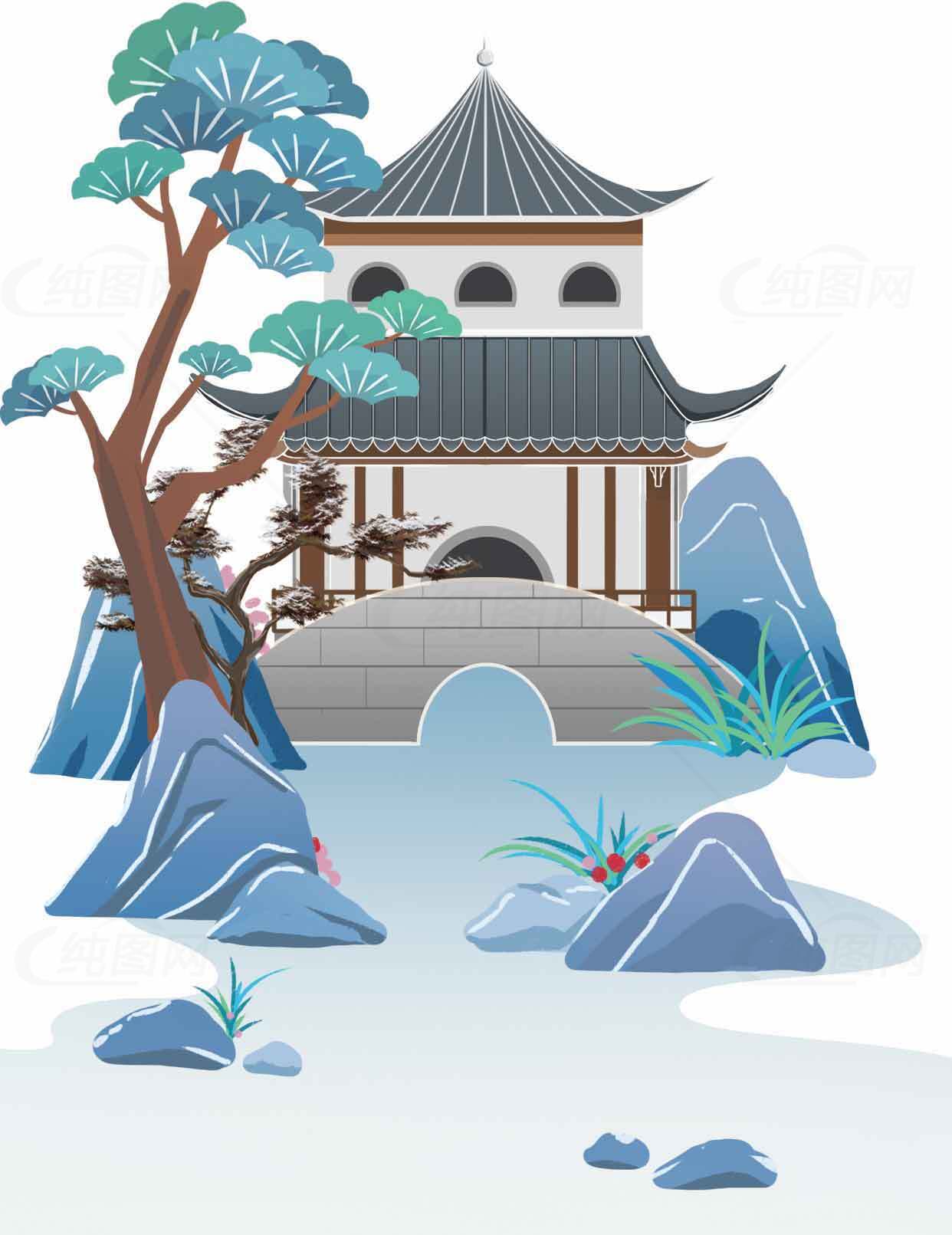 中国传统园林插画风景图片素材
