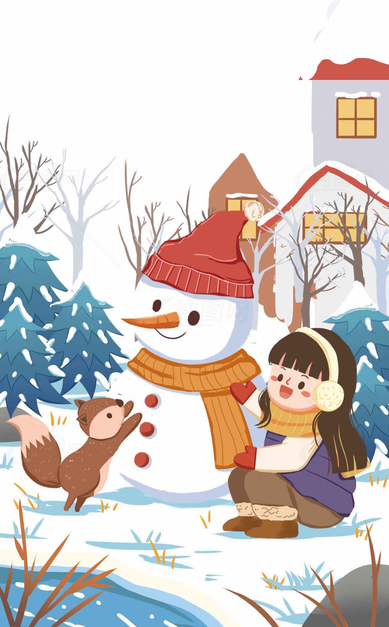 冬季雪人和女孩的温馨插画场景素材