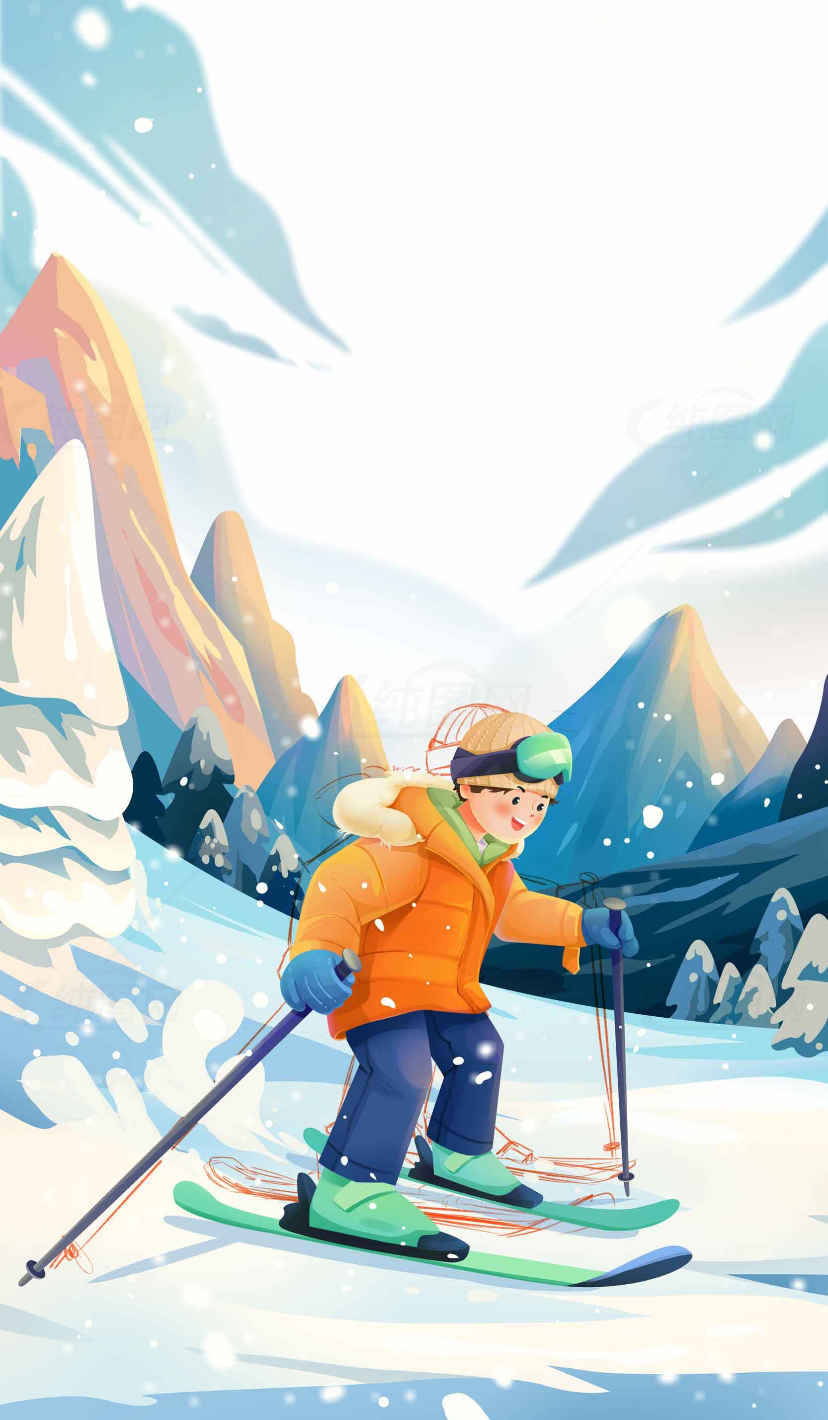冬季滑雪运动插画：雪山与滑雪者的完美结合素材
