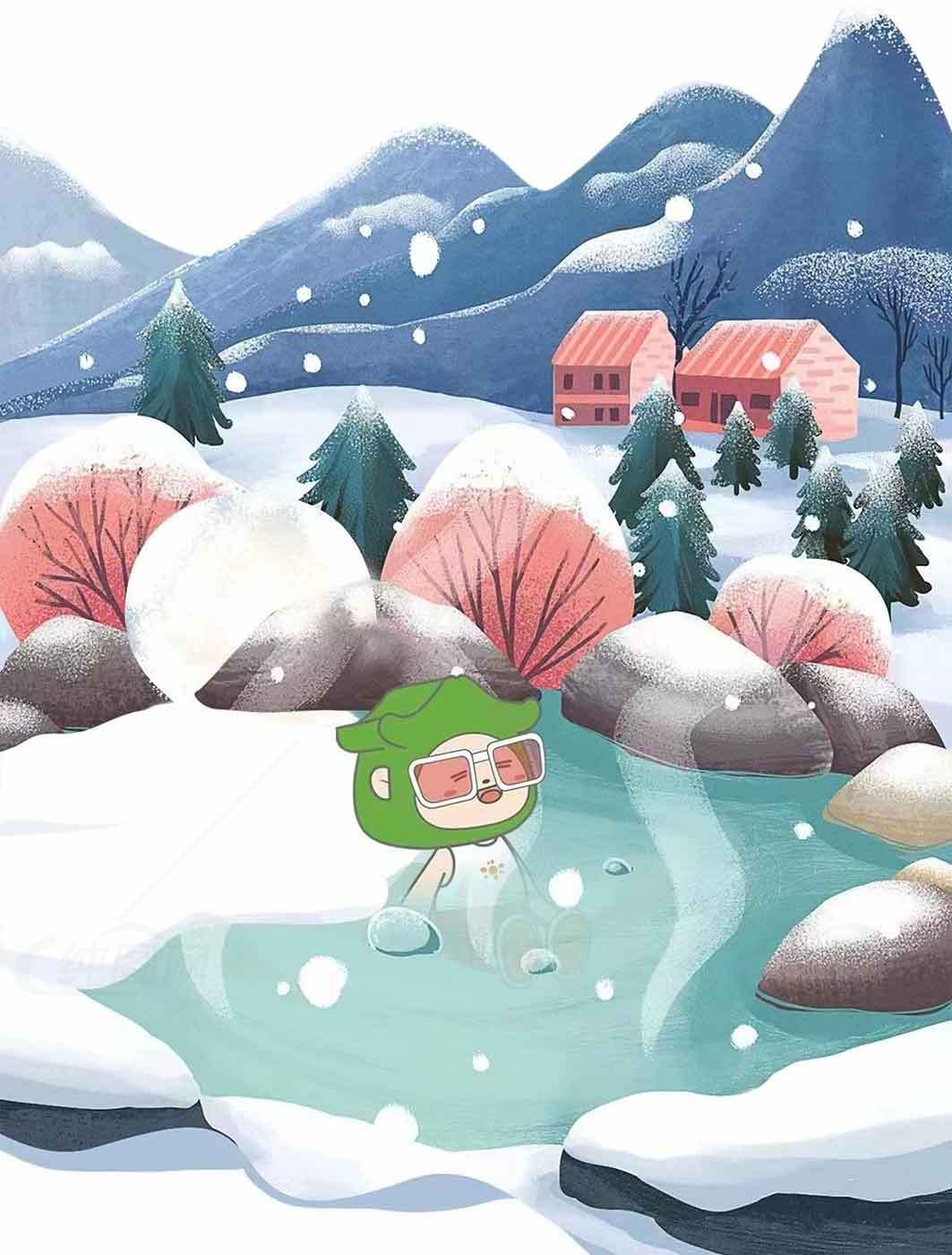 冬日温泉小镇插画：雪景与治愈卡通场景素材