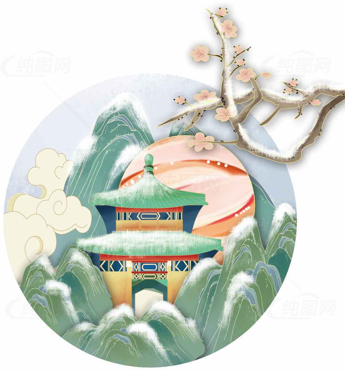 国风山水插画唯美意境图片素材